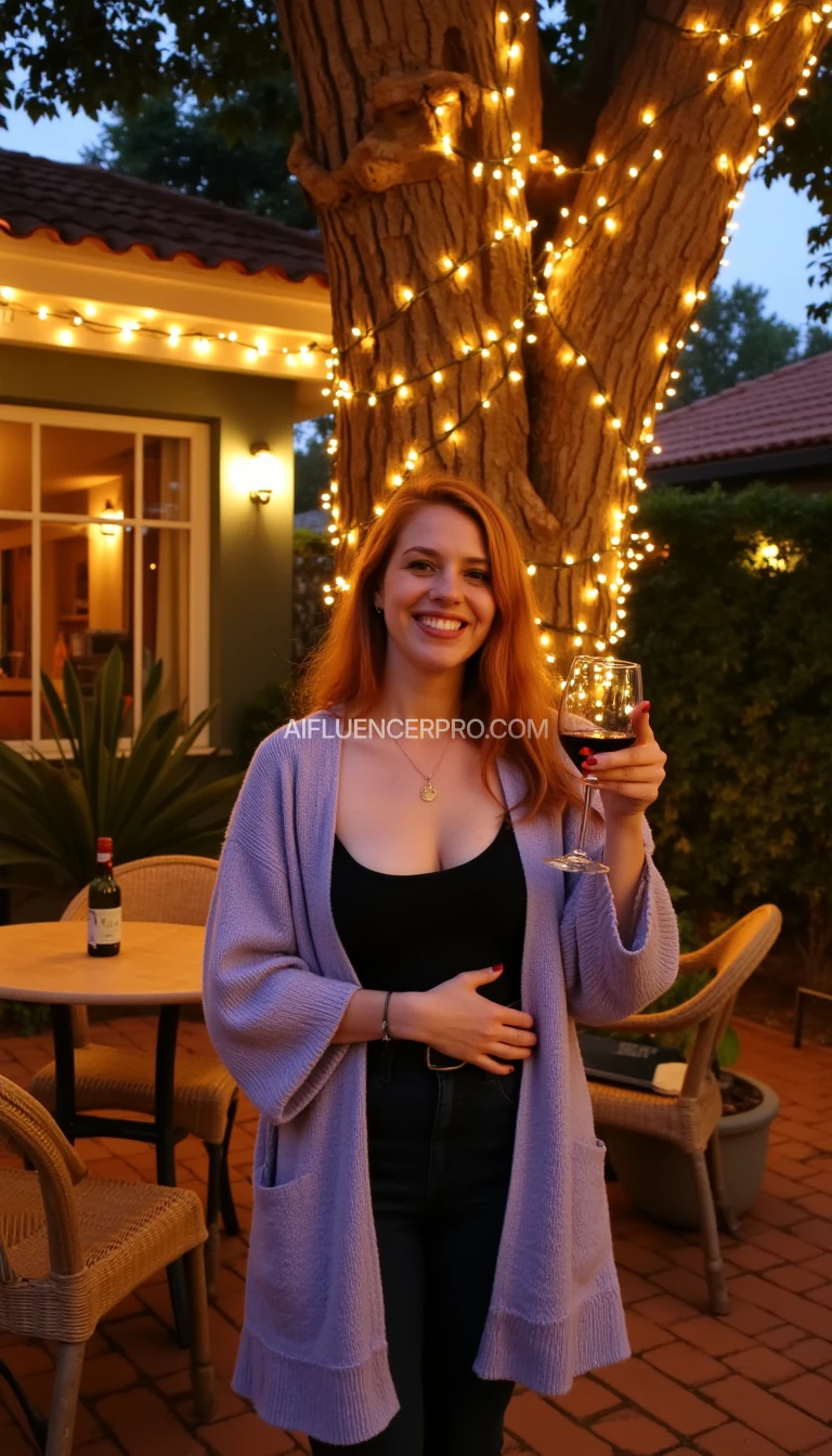 A full body shot photo of a woman standing outdoors at a cozy, warmly lit patio in the evening, with soft, glowing lights wrapped around a tree behind them creating a charming atmosphere. The image is rich in detail, with warm tones and clear textures throughout. The woman has fair skin, a slim build, and long reddish-blonde hair, also worn loose. She is smiling warmly at the camera, holding a glass of red wine in her right hand, and wears a soft-textured lavender cardigan over a black top. The background features a large tree with sparkling string lights wrapped around its trunk and branches, adding a magical touch to the scene. The setting suggests a private outdoor seating area, with elements like terracotta-tiled roofing, greenery, and rattan chairs contributing to a serene, inviting vibe. The overall composition is balanced, with the woman framed against the softly glowing tree, and the lighting enhances the warm, intimate feel of a quiet evening shared among friends. The details are vivid, with textures of clothing, skin, and background elements clearly visible, while the warm lighting creates a relaxed and joyful mood. She is topless holding her big breasts with her hands teasing you.