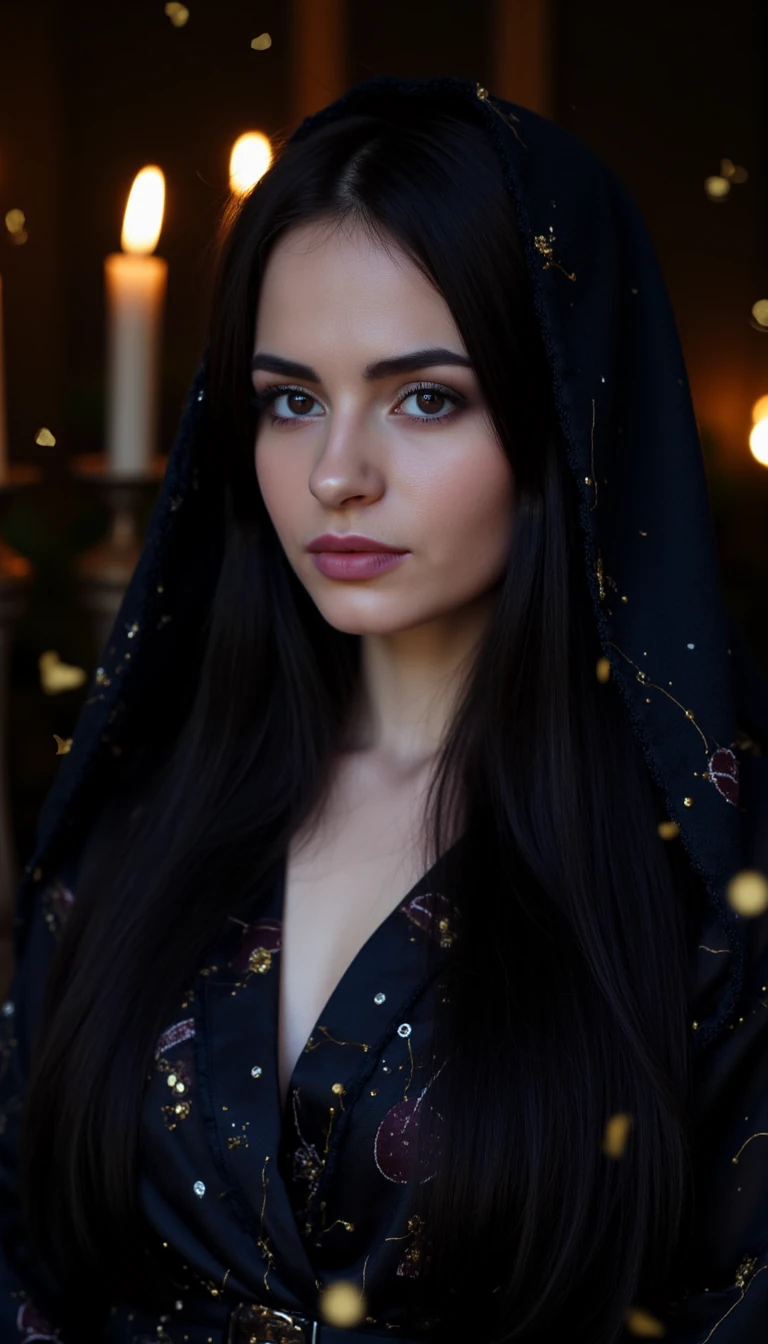 A mesmerizing female oracle with timeless, ageless beauty. Porcelain skin with a faint pearlescent glow, as if lit from within. Long, straight jet-black hair with hints of midnight blue under the light. Eyes are deep violet with a subtle ring of gold around the pupil, hypnotic and knowing. Facial features are sharp yet soft — high cheekbones, delicate nose, and full lips in a muted rose tone. Wearing a dark, flowing silk gown with subtle metallic threads forming constellations and sacred symbols. A hood or sheer veil may partially frame her face for mystery. Background is a dim, candlelit space with floating golden particles or soft cosmic mist. Her presence feels ancient yet modern, powerful yet serene.