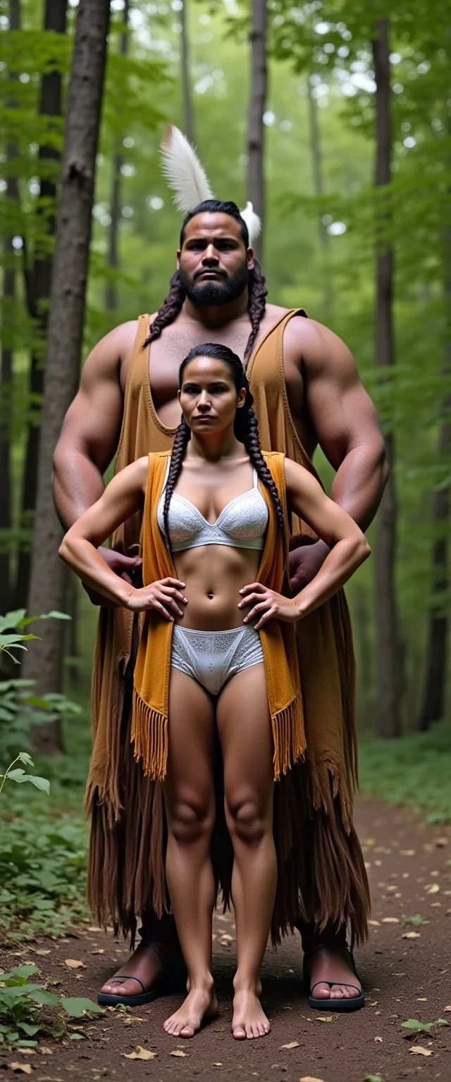 photo of woman CSTMDL, a medium shot photo of, a slim woman, her full body is in the scene, she has a slender petite build with petite small boobs and a flat chest, she has small dark skin nipples with long pointy nipple ducts and small dark skinned areolas, her hair is styled with two long braids she has eagle plumes in her hair, she is not wearing earrings, she is wearing a native American style vest in a golden yellow color over top of her underwear, her vest is open exposing her strapless bra, her bra is a strapless white lace bra, she is wearing white lace panties, she is wearing ankle height smoked hide moccasins, natural lighting, natural light, amateur photography, shot on an iPhone, she is standing with her legs spread wide apart in a densely wooded forest, she is maintaining intense eye contact with the camera, there is a giant native American fat man three times her height standing directly behind her holding onto gripping the woman's waistline, the man is holding her in front of him, the man is a real giant three times the height of an average male, public setting, Hyper realism, ultra-sharp focus, highly detailed, natural lighting, natural light, amateur photography, the giants waistline is as tall as the woman is, 