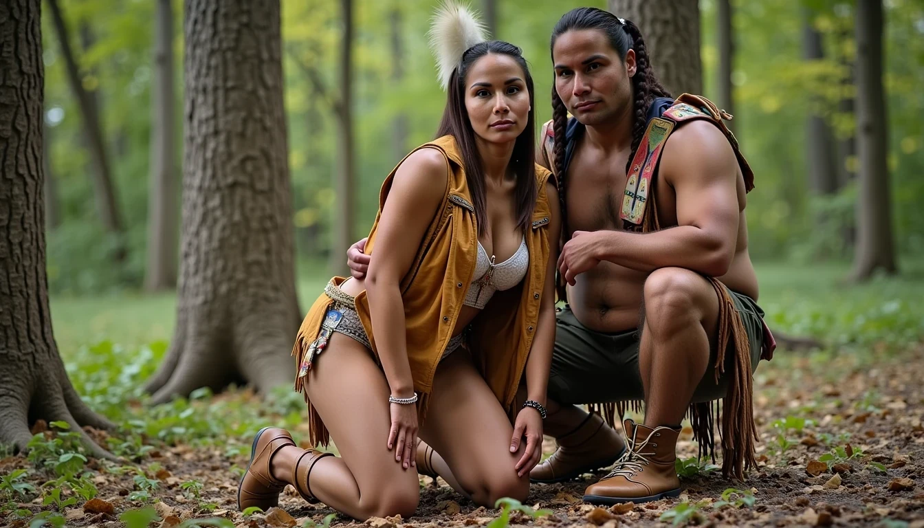 photo of woman CSTMDL, a medium shot photo of, a slim woman, her full body is in the scene, she has a slender petite build with petite small boobs and a flat chest, she has small dark skin nipples with long pointy nipple ducts and small dark skinned areolas, her hair is styled with two long braids she has eagle plumes in her hair, she is not wearing earrings, she is wearing daisy duke denim booty shorts, she is wearing a native American style vest in a golden yellow color over top of her underwear, she is holding her vest open exposing her strapless bra, her bra is a strapless white lace bra, she is wearing white lace panties, she is wearing ankle height smoked hide moccasins, natural lighting, natural light, amateur photography, shot on an iPhone, she is posing bent over on all fours tied up to a tree on the ground with her legs spread wide apart in a densely wooded forest next to a fat obese giant native American man, she is maintaining intense eye contact with the camera, a fat obese giant native American man is kneeling behind her directly beside her holding onto her booty, public setting, Hyper realism, 16k, uhd, ultra-sharp focus, perfect meshes and textures, highly detailed, highly accurate reflections, natural lighting, natural light, amateur photography,