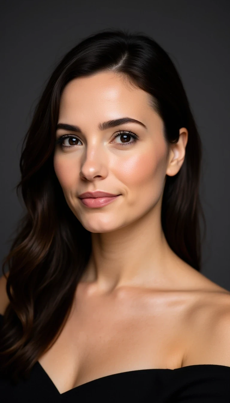 studio head-and-shoulders portrait, elegant brunette with side part, charcoal grey backdrop, soft key light from camera left, confident gaze, Ava Moreau FaceLock ::CSTMDL