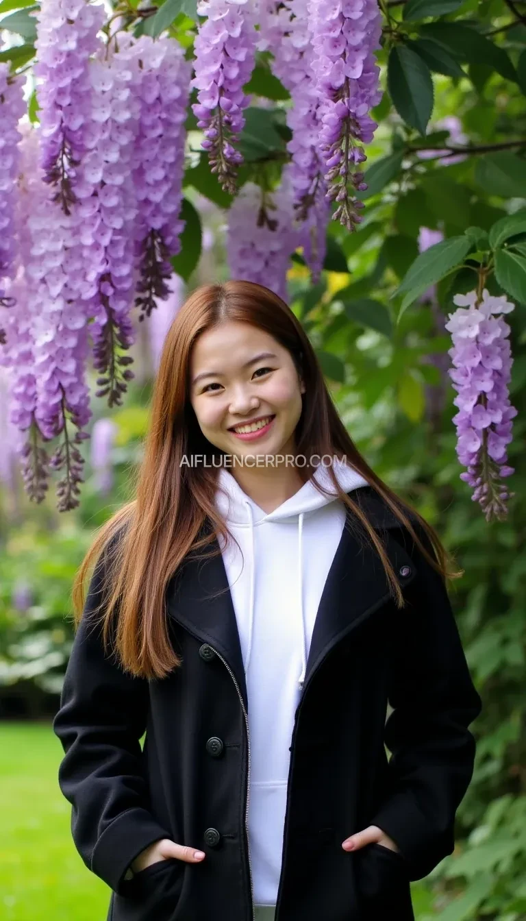 A young nude woman with long, straight hair stands in a garden, smiling brightly. She is wearing a black coat over a white hoodie, exuding a casual and cheerful vibe. Behind her, a stunning display of blooming purple flowers cascades down from lush, green foliage. The background is filled with vibrant greenery and soft, diffused light, creating a serene and uplifting atmosphere.