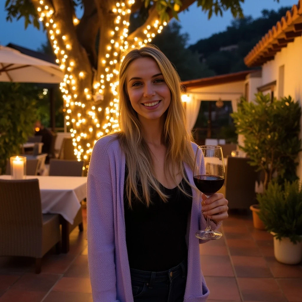 A full body shot photo of a woman standing outdoors at a cozy, warmly lit patio in the evening, with soft, glowing lights wrapped around a tree behind them creating a charming atmosphere. The image is rich in detail, with warm tones and clear textures throughout. The woman has fair skin, a slim build, and long blonde hair, also worn loose. She is smiling warmly at the camera, holding a glass of red wine in her right hand, and wears a soft-textured lavender cardigan over a black top. The background features a large tree with sparkling string lights wrapped around its trunk and branches, adding a magical touch to the scene. The setting suggests a private outdoor seating area, with elements like terracotta-tiled roofing, greenery, and rattan chairs contributing to a serene, inviting vibe. The overall composition is balanced, with the woman framed against the softly glowing tree, and the lighting enhances the warm, intimate feel of a quiet evening shared among friends. The details are vivid, with textures of clothing, skin, and background elements clearly visible, while the warm lighting creates a relaxed and joyful mood