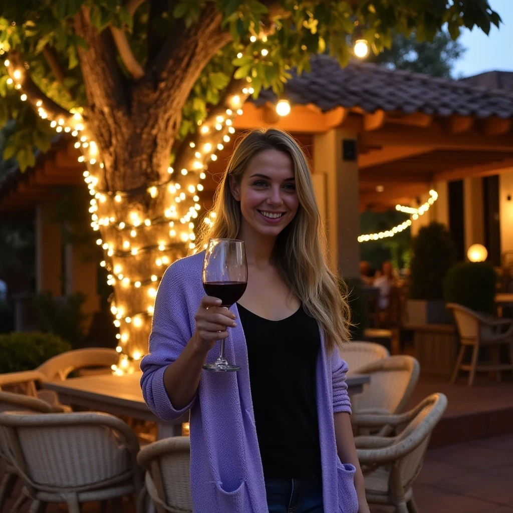 A full body shot photo of a woman standing outdoors at a cozy, warmly lit patio in the evening, with soft, glowing lights wrapped around a tree behind them creating a charming atmosphere. The image is rich in detail, with warm tones and clear textures throughout. The woman has fair skin, a slim build, and long blonde hair, also worn loose. She is smiling warmly at the camera, holding a glass of red wine in her right hand, and wears a soft-textured lavender cardigan over a black top. The background features a large tree with sparkling string lights wrapped around its trunk and branches, adding a magical touch to the scene. The setting suggests a private outdoor seating area, with elements like terracotta-tiled roofing, greenery, and rattan chairs contributing to a serene, inviting vibe. The overall composition is balanced, with the woman framed against the softly glowing tree, and the lighting enhances the warm, intimate feel of a quiet evening shared among friends. The details are vivid, with textures of clothing, skin, and background elements clearly visible, while the warm lighting creates a relaxed and joyful mood