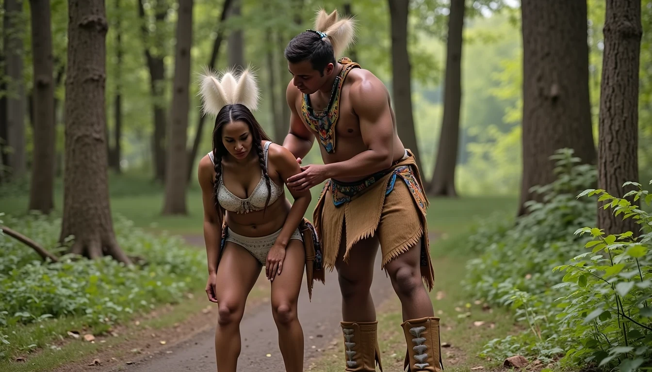 photo of woman CSTMDL, a medium shot photo of, a slim woman, her full body is in the scene, she has a slender petite build with petite small boobs and a flat chest, she has small dark skin nipples with long pointy nipple ducts and small dark skinned areolas, her hair is styled with two long braids she has eagle plumes in her hair, she is not wearing earrings, she is wearing daisy duke denim booty shorts, she is wearing a native American style vest in a golden yellow color over top of her underwear, she is holding her vest open exposing her strapless bra, her bra is a strapless white lace bra, she is wearing white lace panties, she is wearing ankle height smoked hide moccasins, natural lighting, natural light, amateur photography, shot on an iPhone, she is bent over on all fours on the ground with her legs spread wide apart in a densely wooded forest in front of a fat giant native American man, she is maintaining intense eye contact with the camera, a fat giant native American man is directly beside her holding onto her booty, public setting, Hyper realism, 16k, uhd, ultra-sharp focus, perfect meshes and textures, highly detailed, highly accurate reflections, natural lighting, natural light, amateur photography,