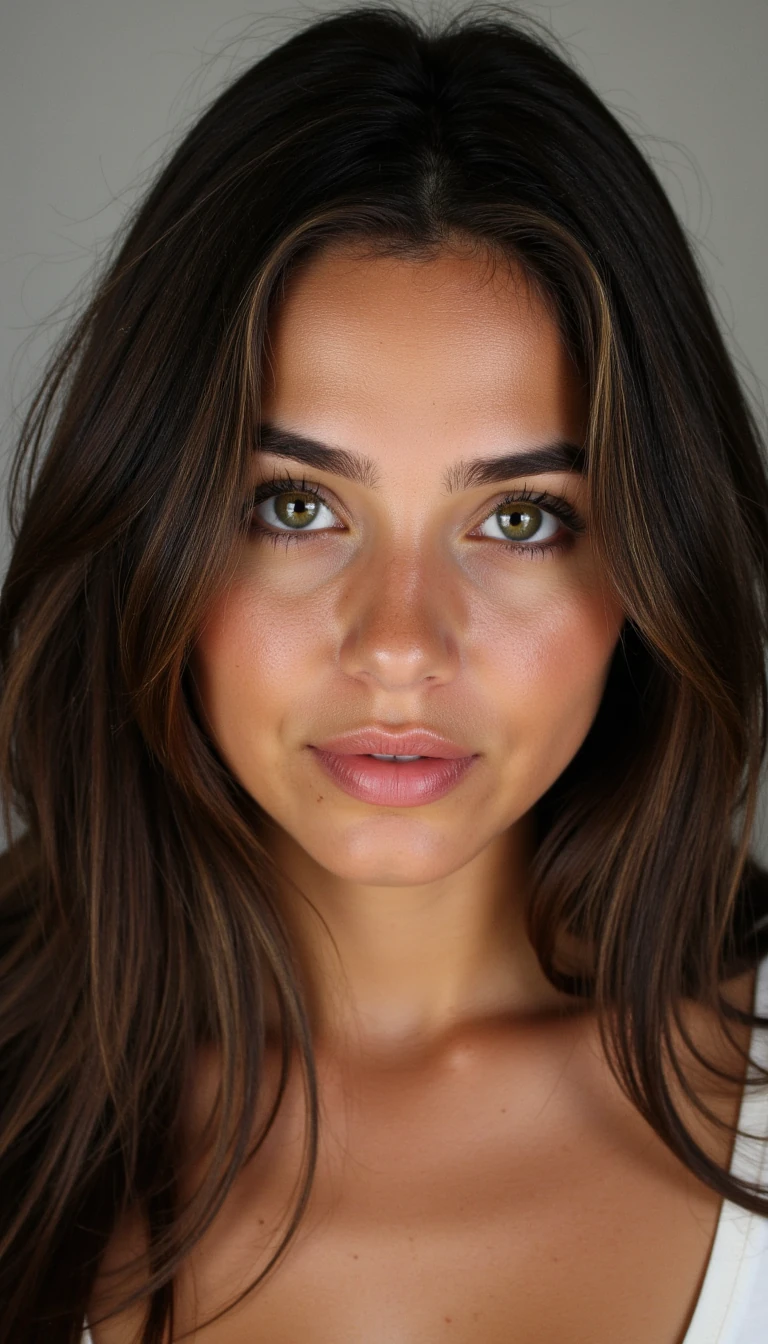 un visage de jeune fille entre 20 et 25 ans, brune yeux vert, de corpulence normal, type française