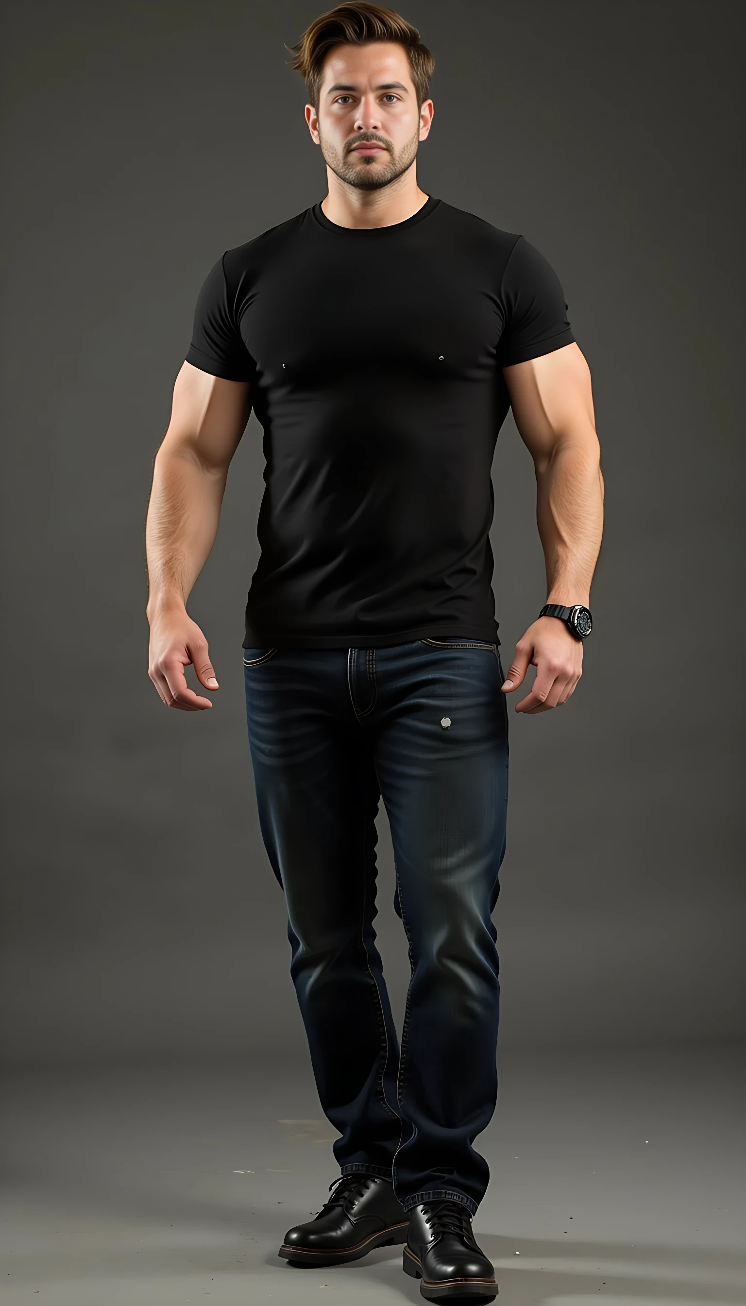 Create a character who exudes a commanding yet effortlessly relaxed presence. He is a tall, imposing figure standing at approximately 6'3" and weighing around 250 pounds of lean, well-defined muscle. At around 21 years old, his youthful vigor enhances his powerful physique, with broad shoulders and muscular arms accentuated by a fitted black T-shirt. His dark denim jeans hug his thighs, emphasizing his strong, athletic build, and he wears expensive, polished designer shoes—sleek and high-end, adding a touch of sophistication to his otherwise casual, laid-back style.
His dark brown hair is styled with a modern edge: trimmed shorter on the sides, with longer, tousled strands on top that fall in an intentionally unkempt, "just rolled out of bed" manner, giving him a rugged yet effortlessly attractive appearance that suits his youthful energy. His face is striking and clean-shaven, with a straight nose and a chiseled, smooth jawline that occasionally twitches with a subtle tic, hinting at an underlying intensity or restlessness beneath his cool exterior. His most captivating feature is his vibrant green eyes, so vivid and intense they seem to hold secrets, drawing attention with their depth and magnetic allure.
He moves with a confident, unhurried ease, as if he has all the time in the world to reach his destination, exuding a sense of self-assuredness and control. His overall demeanor blends youthful strength, mystery, and casual charm, with an air of someone who is both approachable and enigmatic, leaving others intrigued by the story behind his piercing green gaze and relaxed, confident stride.
