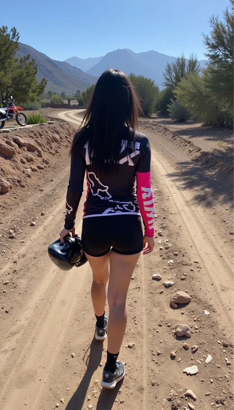 CSTMDL, low quality, snapchat quality photo, long black hair, she  is walking away from the camera, wearing very short spandex black shorts that show some of her butt cheek, butt cheeks are very big and round and perky, she is wearing sneakers and high socks, & fox logo moto cross jersey, the jersey has one fox logo on the back, she has a motocross helmet tucked under her one arm, A 250 ktm dirtbike is very far in the distance up the path.