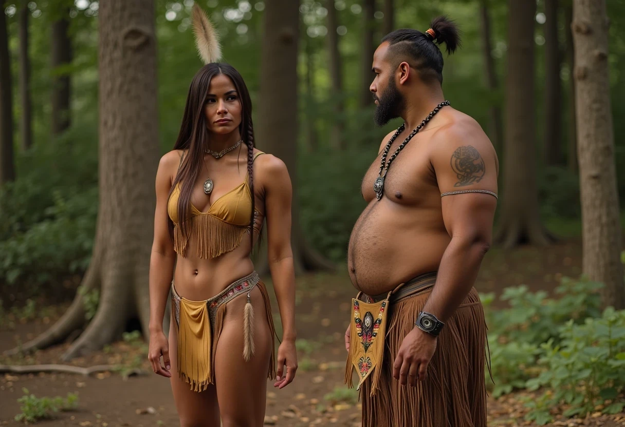 A medium shot photo of woman CSTMDL, a 25-year-old native American woman. The woman who is Native American in appearance has light tan skin tone, she is tall with a petite slender skinny build, petite small boobs, flat chest, her nipples are small petite and dark skinned with long hard pointy nipple ducts that visiblly poke through her bra. She is wearing her hair in a native American style with 2 long braids. She is wearing a sexy native American smoked hide outfit in a golden yellow color, in a wooded area she is on all fours in front of a fat obese native American man with her legs spread wide apart and her bum facing him, he has his hands on her hips, She is maintaining intense eye contact with the camera staring stoically without any other expression at all. The composition captures a casual, candid moment, romantic setting, Hyper realism, captured with a nikon d850, 16k, uhd, ultra-sharp focus, depth of field, perfect meshes and textures, highly detailed, highly accurate reflections, volumetric fog, volumetric lighting, volumetric light, hdr, ray tracing, cinematic shooting style,