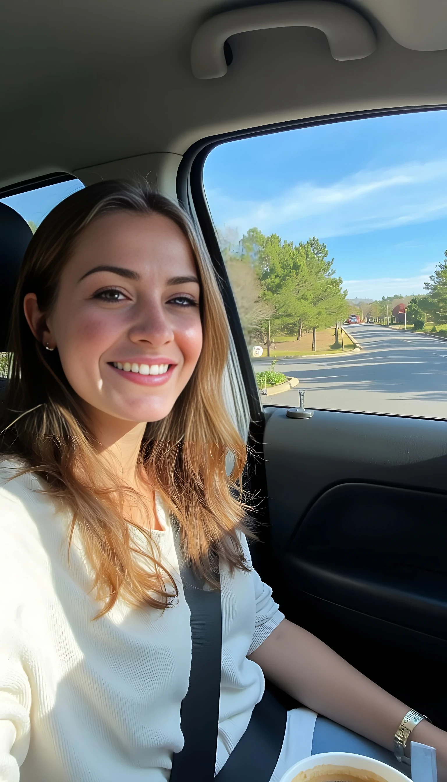 boring low quality snapchat photo circa 2015, A young woman with a warm smile, sitting in the driver's seat of a cozy car. She has soft, wavy brown hair cascading past her shoulders. The sunlight streams through the window, casting a gentle glow on her face. The interior of the car is neat and comfortable, with a coffee cup in the cup holder and a small plant on the dashboard. The background outside the window shows a scenic road lined with trees and blue skies