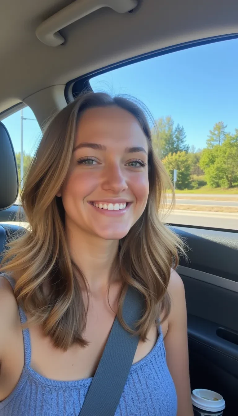 AI image prompt: boring low quality snapchat photo circa 2015, A young woman with a warm smile, sitting in the driver's seat of a cozy car. She has soft, wavy brown hair cascading past her shoulders. The sunlight streams through the window, casting a gentle glow on her face. The interior of the car is neat and comfortable, with a coffee cup in the cup holder and a small plant on the dashboard. The background outside the window shows a scenic road lined with trees and blue skies