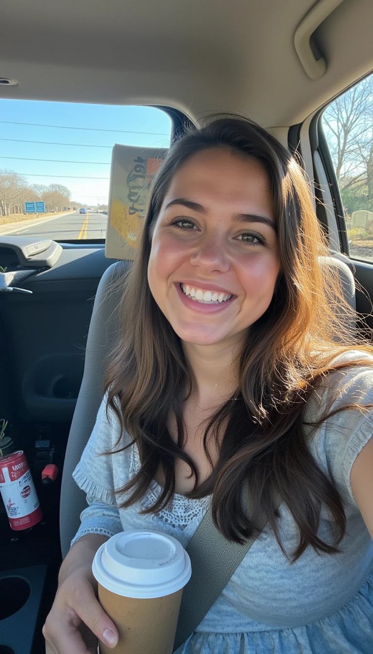 boring low quality snapchat photo circa 2015, A young woman with a warm smile, sitting in the driver's seat of a cozy car. She has soft, wavy brown hair cascading past her shoulders. The sunlight streams through the window, casting a gentle glow on her face. The interior of the car is neat and comfortable, with a coffee cup in the cup holder and a small plant on the dashboard. The background outside the window shows a scenic road lined with trees and blue skies