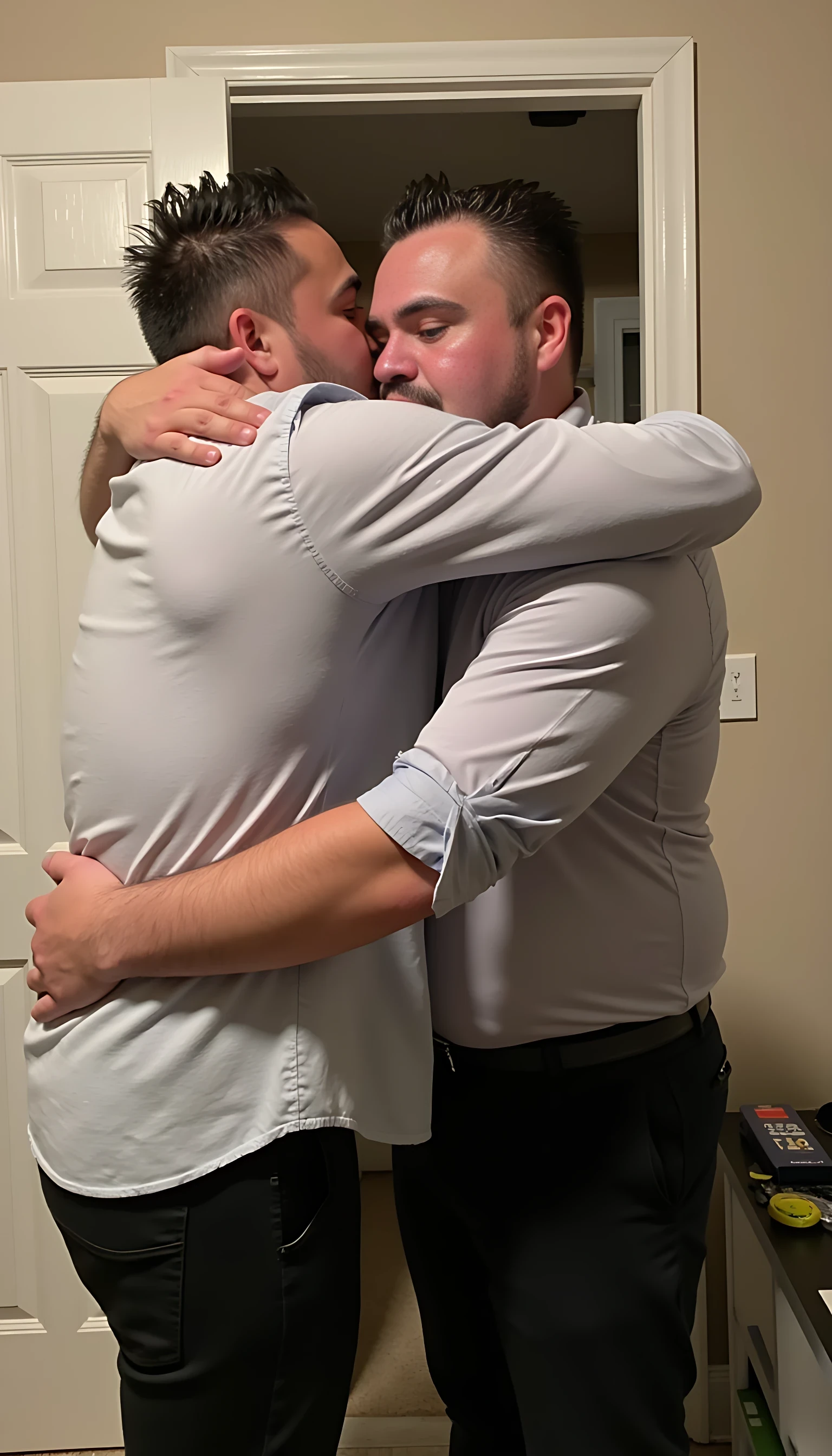 full man body wearing a  nice gray dress shirt   Hugging rakel
