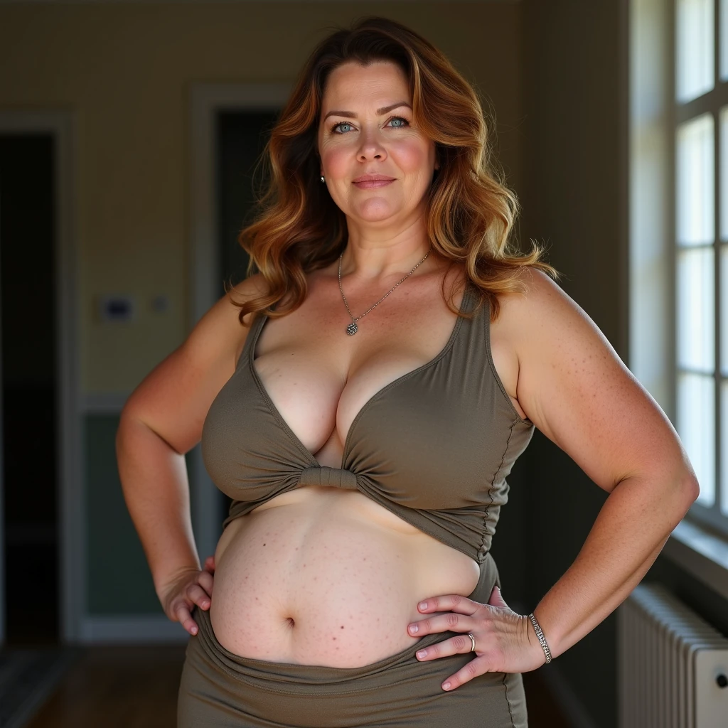 score_9, photorealistic portrait of a mature woman 45yo with extremely huge tits, slightly rounded face, plush curves, not obese, not overweight, (extremely large bust:1.8) (hyper bust:1.8) (L–M cup:1.8) gigantic cleavage, supported by a fitted wrap dress, realistic anatomy, proportional shoulders and hips, chestnut brown hair with golden highlights, natural daylight, 85mm lens --negative low quality, obese, overweight, skinny, small bust, medium bust, flat chest, deformed anatomy, warped clothing, extra limbs, bad hands, bad eyes