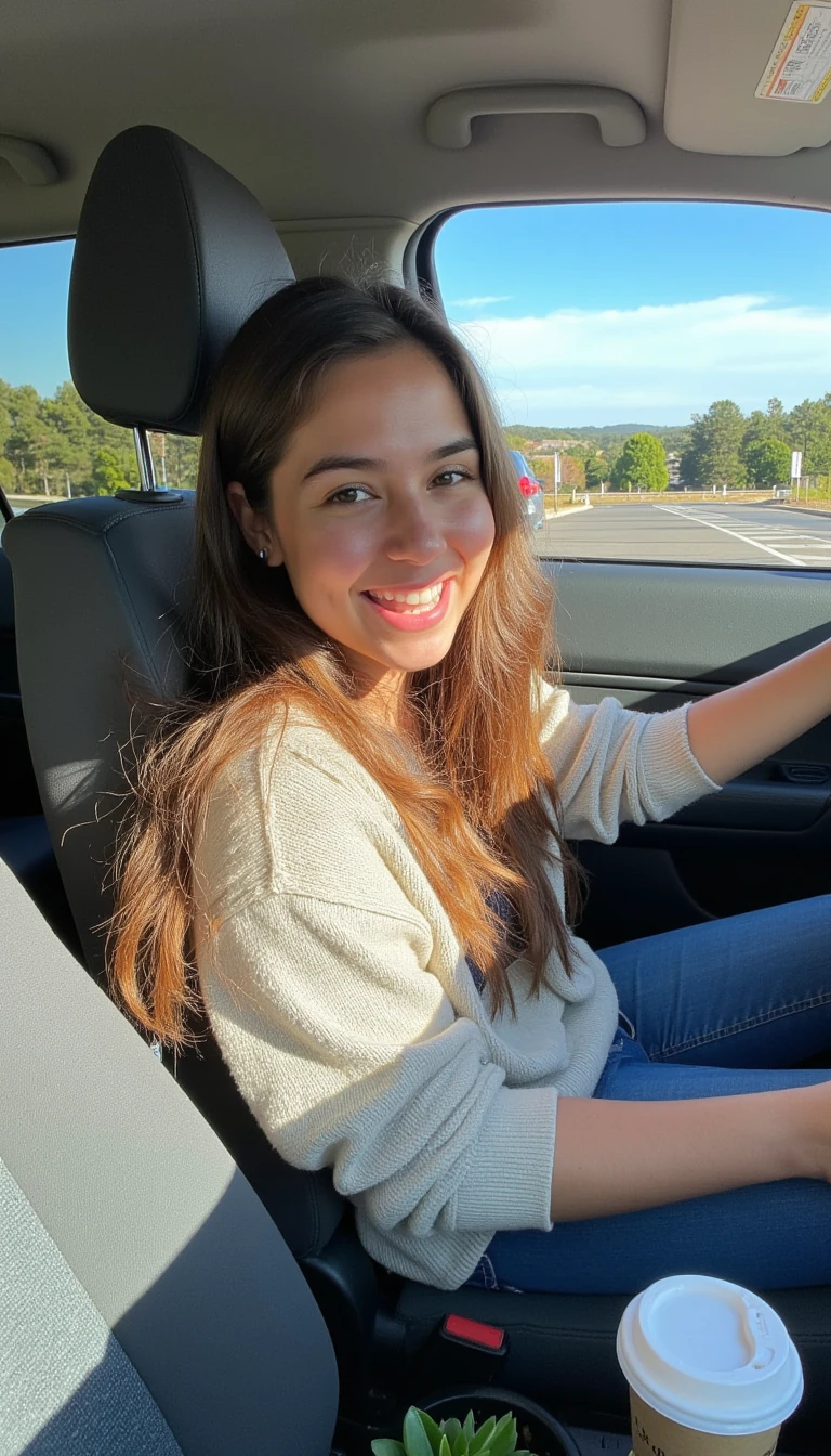 boring low quality snapchat photo circa 2015, A young woman with a warm smile, sitting in the driver's seat of a cozy car. She has soft, wavy brown hair cascading past her shoulders. The sunlight streams through the window, casting a gentle glow on her face. The interior of the car is neat and comfortable, with a coffee cup in the cup holder and a small plant on the dashboard. The background outside the window shows a scenic road lined with trees and blue skies