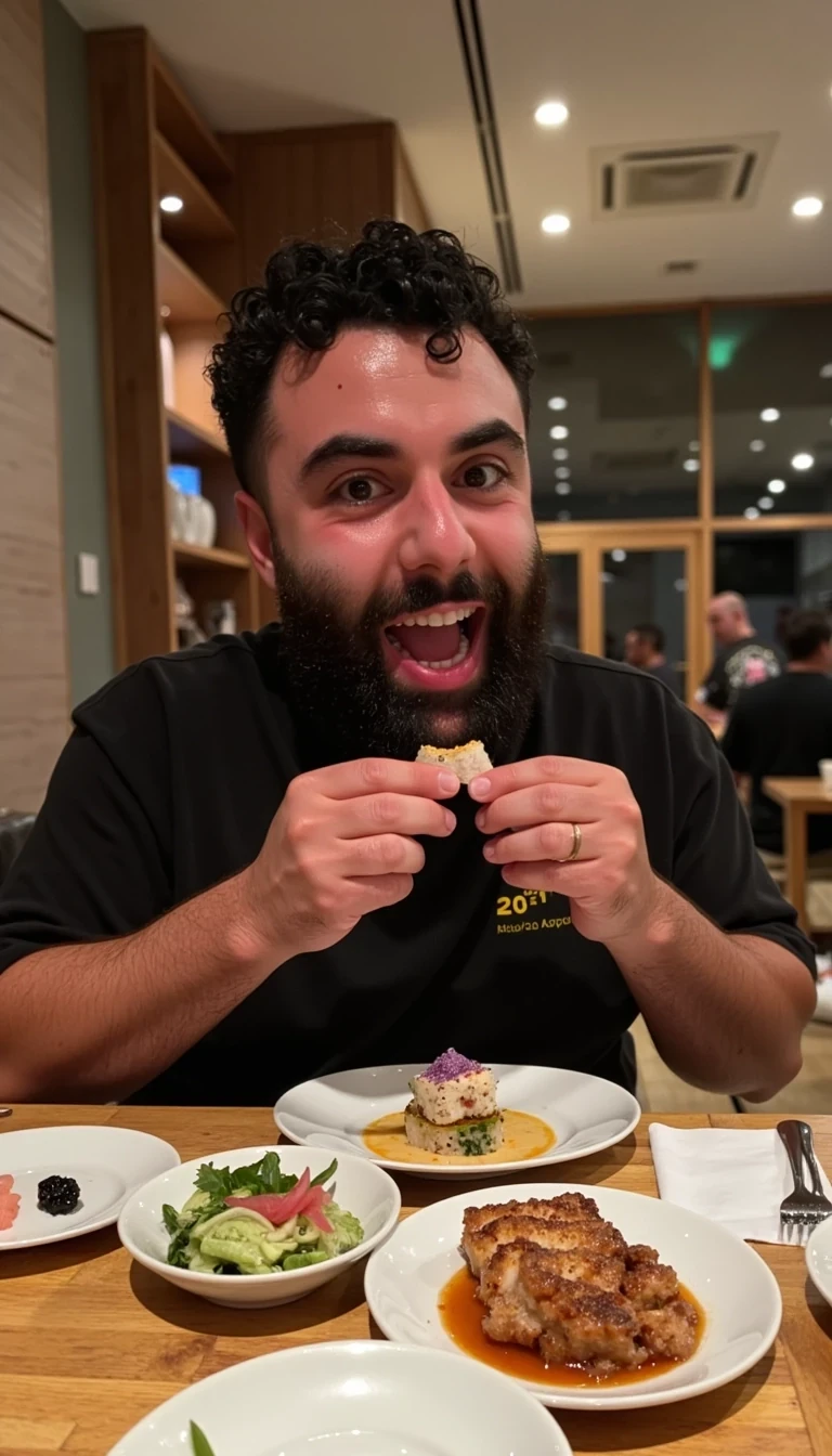 photo of man CSTMDL, fully clothed, eating poop in a very expensive sushi restaurant