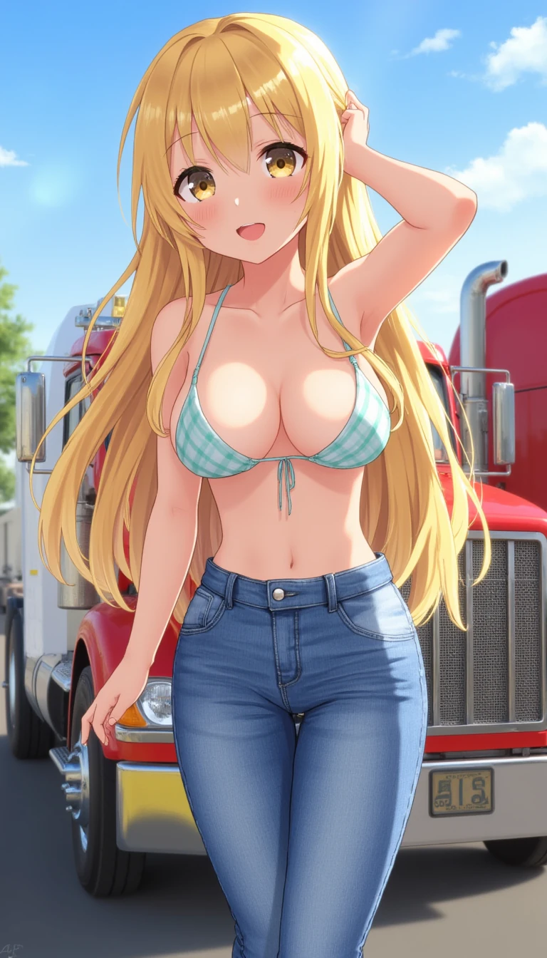 score_9, 1girl, photo high , sunshine , blonde hair, jeans, bikini top, peterbuilt 389 truck
