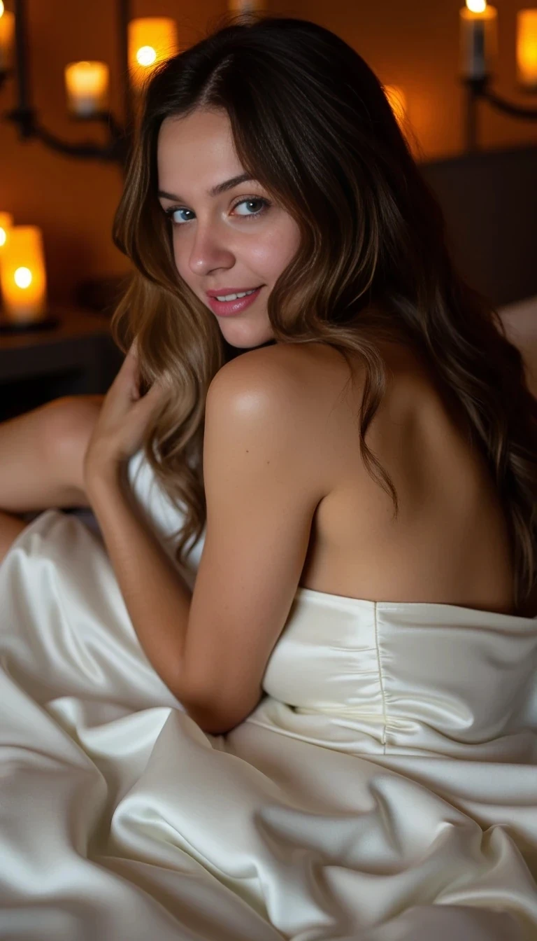 A stunning woman with long dark brown hair and deep hazel eyes lies on her stomach across a silk-covered bed. Her white silk robe has fallen completely open, revealing her naked, tattooed body—ink flowing along her arms, throat, and under her breasts.

She’s propped up slightly on her elbows, which makes her back arch naturally, emphasizing the curve of her hips and thighs. One leg is bent just enough to hint at movement, while her hair cascades over her shoulders in soft waves.

Her lips are parted in a faint, knowing smile as she looks over her shoulder, directly at the viewer, with an expression that’s both seductive and daring. Candlelight flickers across her skin, highlighting every subtle detail of her tattoos and soft curves.

The sheets beneath her are slightly ruffled, adding a raw, intimate feel, while the background remains softly blurred, keeping all focus on her gaze and body.*

Style: Ultra-realistic, soft cinematic lighting, warm tones, extreme detail on skin and tattoos, artistic but overtly sensual composition.