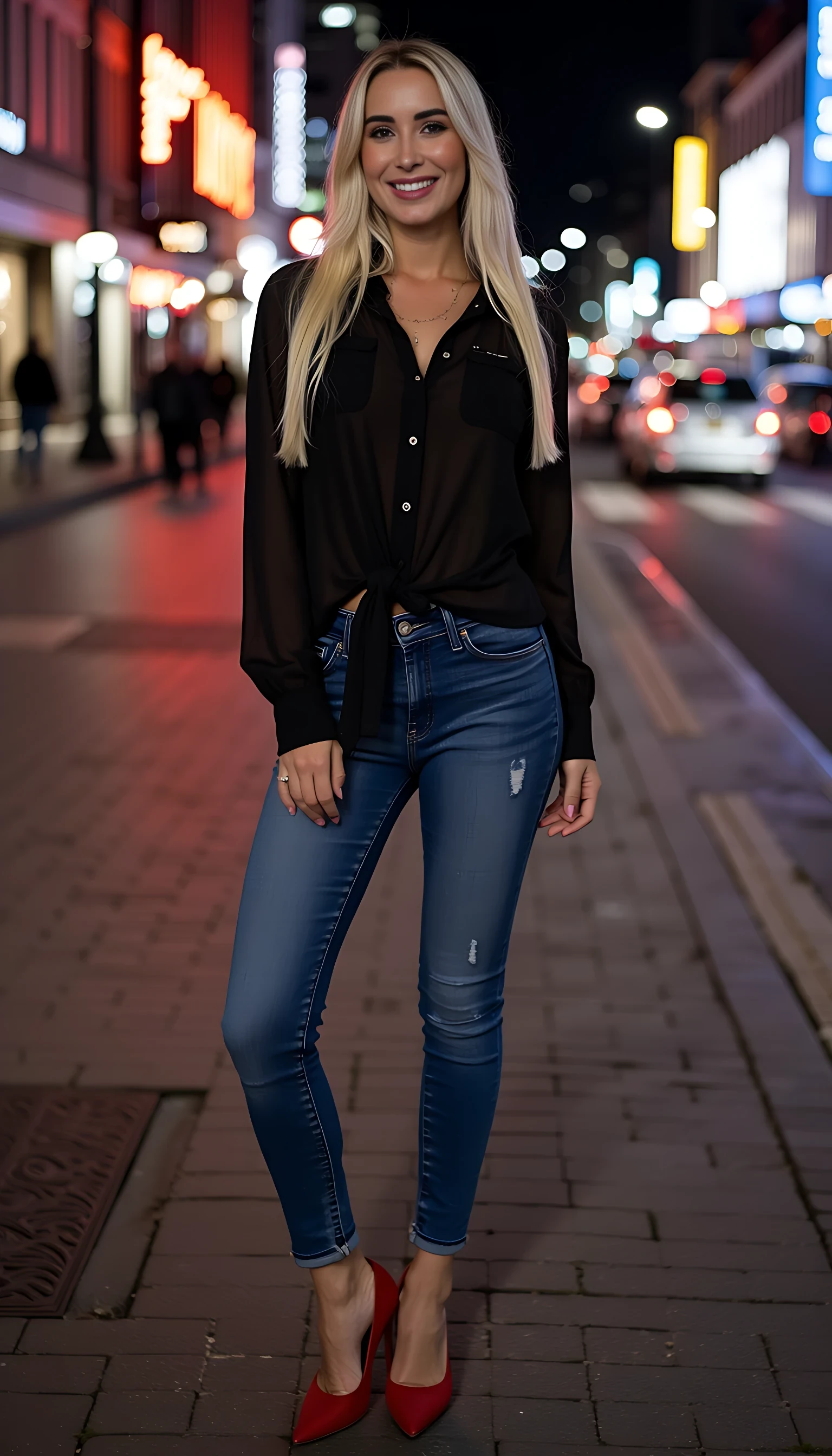 Average body blond hair blue eyes  smiling blue jeans and black shirt red high heels posing on city night lights background 