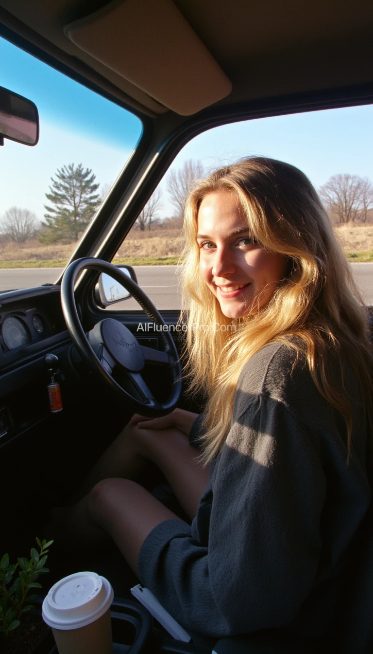 boring low quality film photo circa 1988, A young woman with a warm smile, sitting in the driver's seat of a cozy car. She has soft, wavy blonde hair cascading past her shoulders. The sunlight streams through the window, casting a gentle glow on her face. The interior of the car is neat and comfortable, with a coffee cup in the cup holder and a small plant on the dashboard. The background outside the window shows a scenic road lined with trees and blue skies
