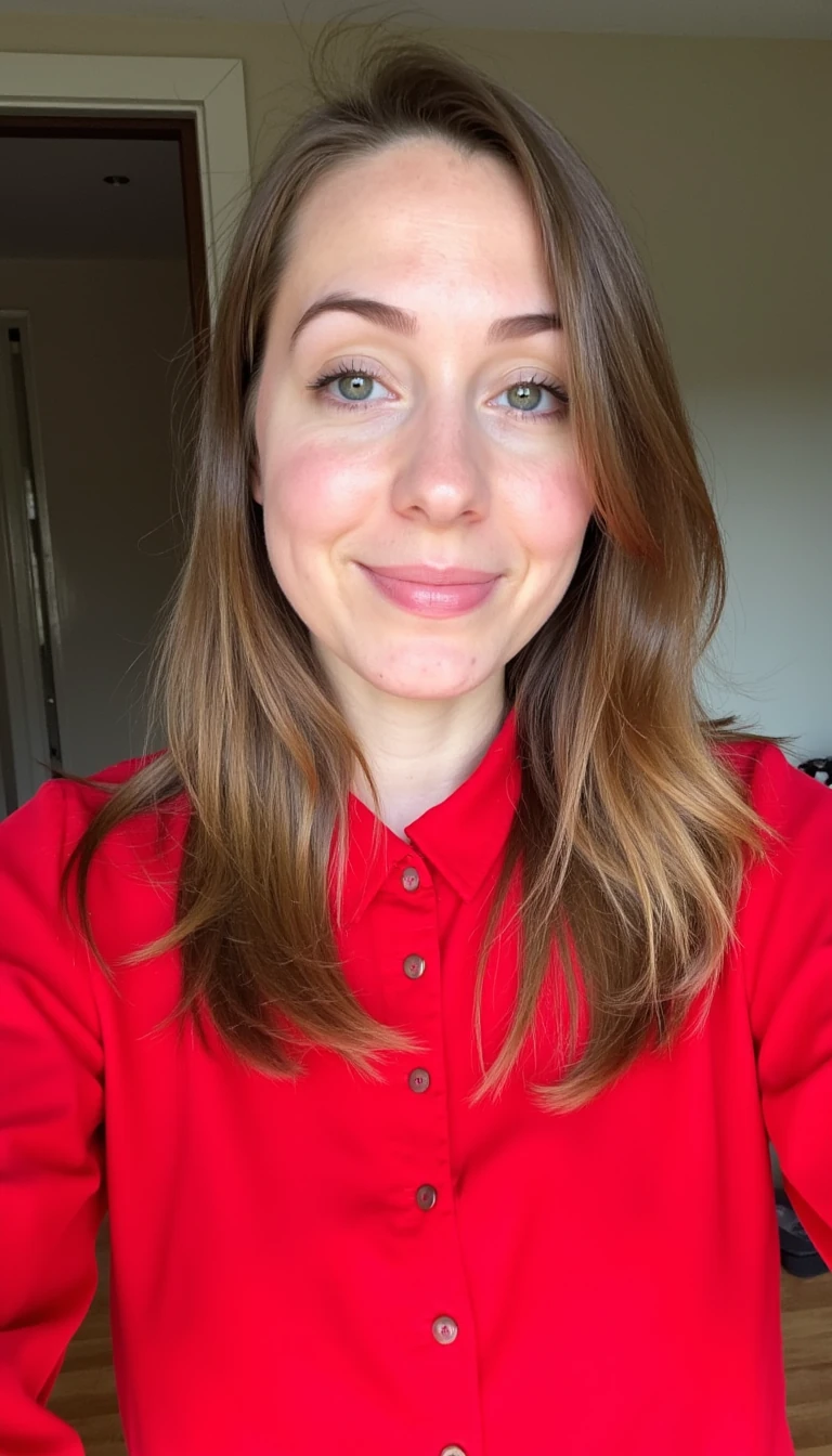 boring low quality snapchat photo circa 2015, finance girl, girl next door, half Dutch half British, light brown hair, red blouse