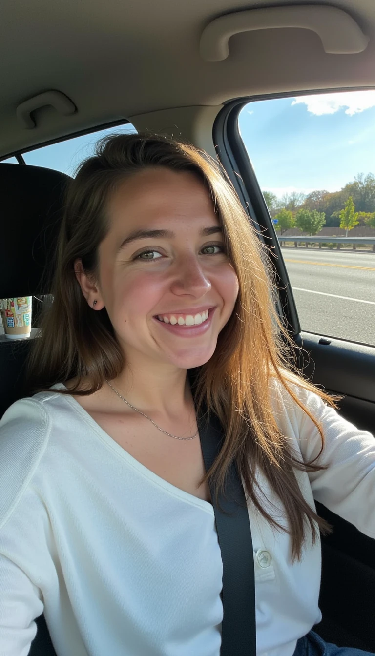 boring low quality snapchat photo circa 2015, A young woman with a warm smile, sitting in the driver's seat of a cozy car. She has soft, wavy brown hair cascading past her shoulders. The sunlight streams through the window, casting a gentle glow on her face. The interior of the car is neat and comfortable, with a coffee cup in the cup holder and a small plant on the dashboard. The background outside the window shows a scenic road lined with trees and blue skies