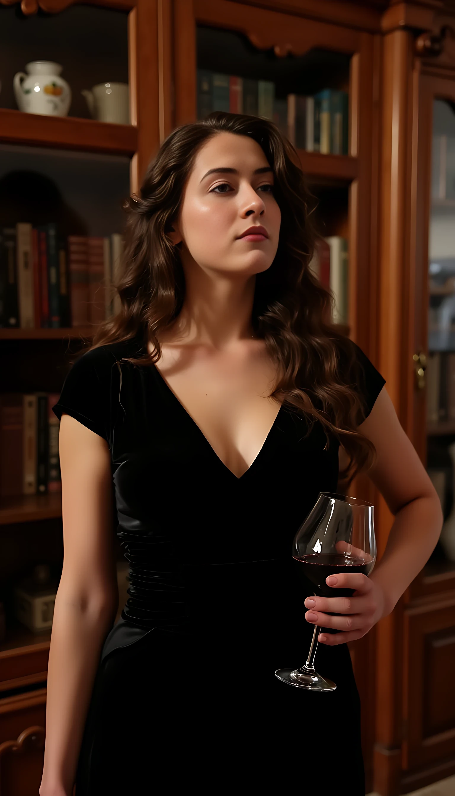 photo of woman CSTMDL, classy portrait. She’s thin and athletic, but with very feminine curves. The photo is taken in the summer 2024. It’s a photo taken by night, during a reception in a French manor. The woman has a proud and haughty attitude, with a cold smile showing almost contempt. she wears a designer dress that shows her off. it's a magnificent black dress with a timeless classicism. She is the organizer of the evening, and she deserves admiration for that. She holds a glass of burgundy red wine in her hand.
She’s in the library of the manor. Books are on beautiful “art nouveau” shelves and pieces of Khmer art are displayed. There’s a few people in the room, like 2 or 3, hosts of the woman. They look pale and jealous of her beauty and of her wonderful evening she organised.