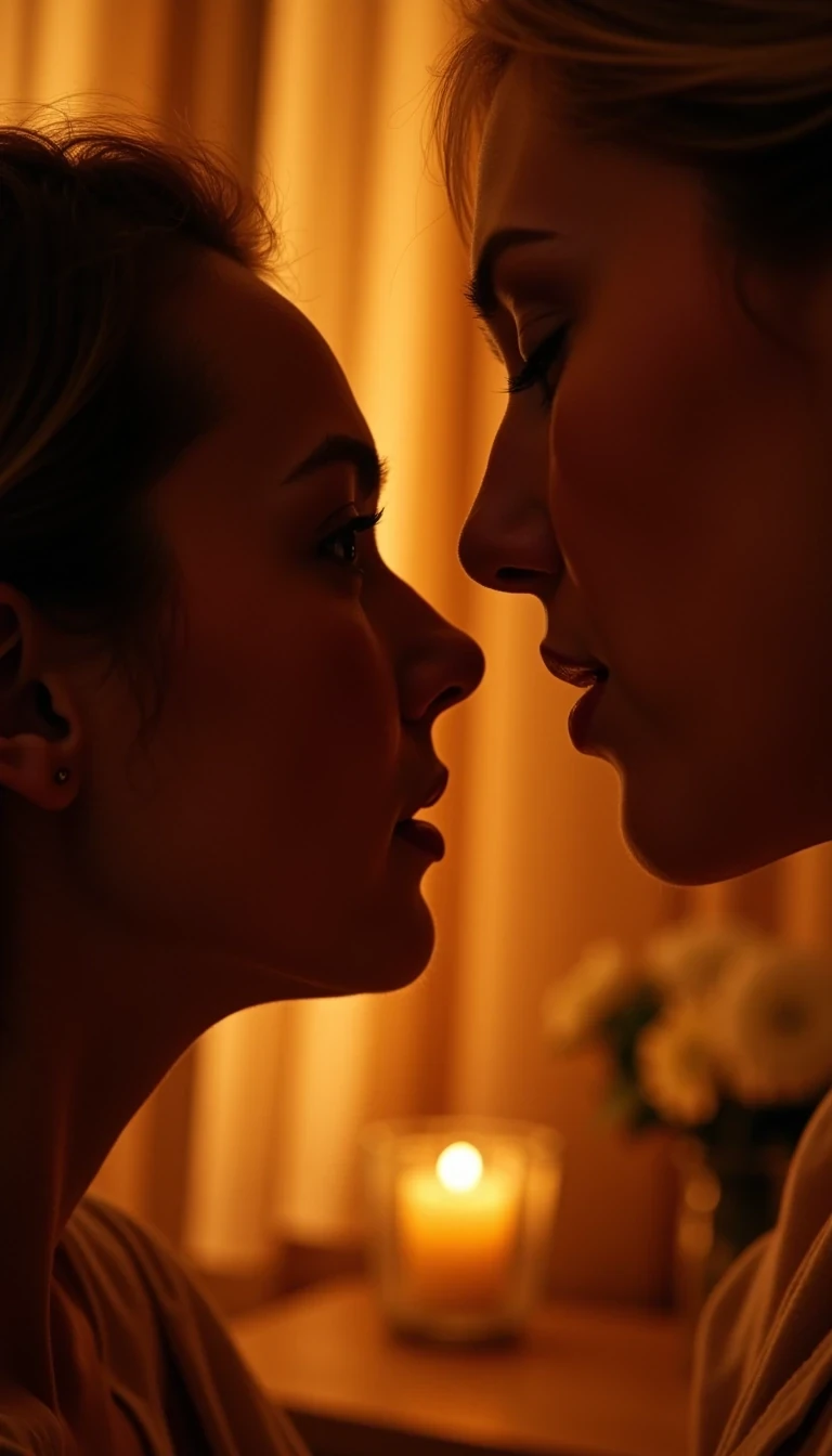   Elegant profile shot of woman exhaling softly, parted lips, low sunset light, blurred luxury background, soft cinematic tones, poetic intimac