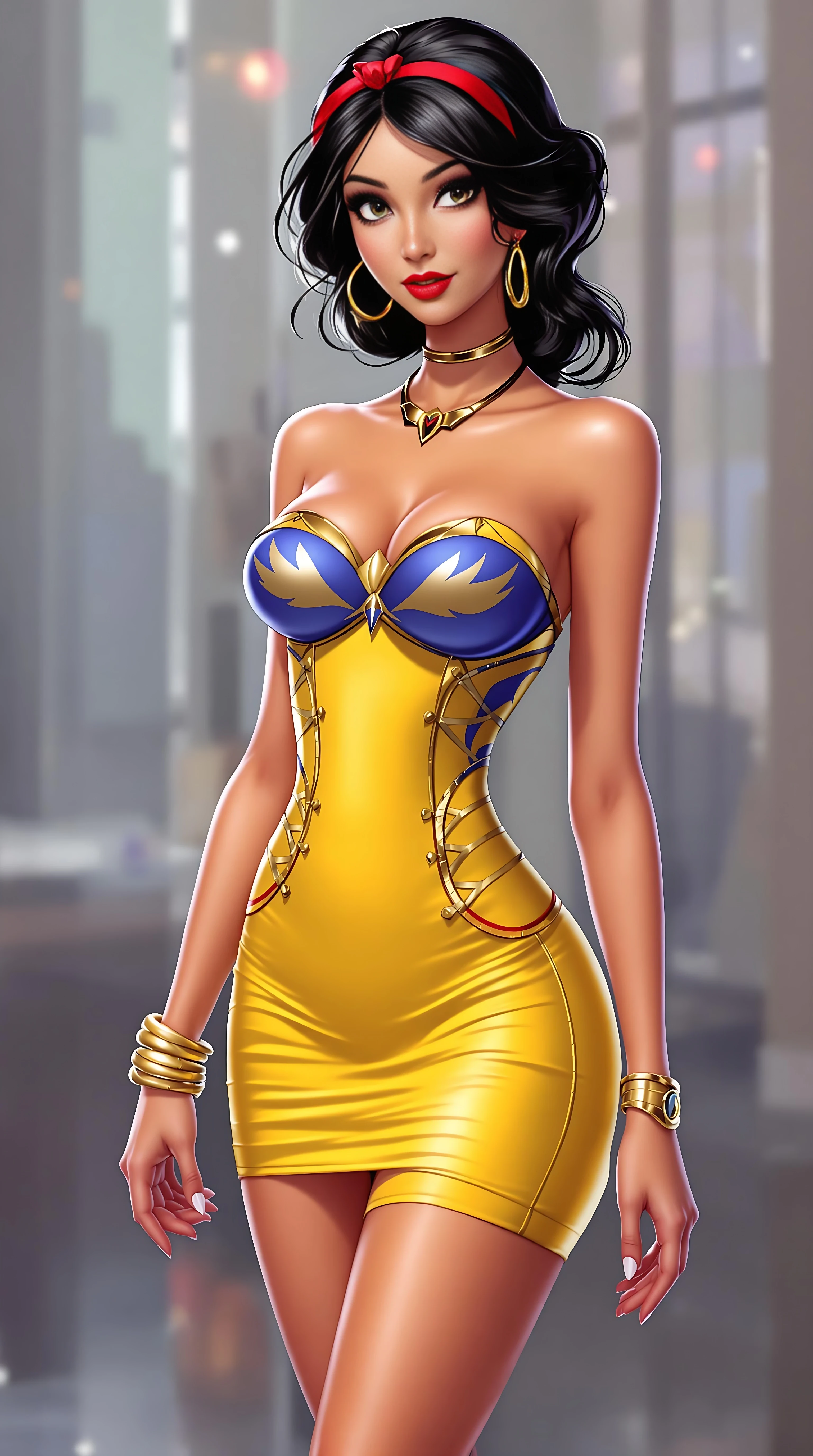 Digital ai art illustration, A modern Disney princess snow white, shes wearing a skin-tight strapless backless corset-style top and a skin-tight short micro tube short skirt, gold armlet, cute bracelet, flat stomach, full ulyra-glossy lips, super thin outfit fabric, disney princess snow white was spotted leaving a nightclub tonight, her heels with ankle straps giving her a sluty walk, name necklace, 
