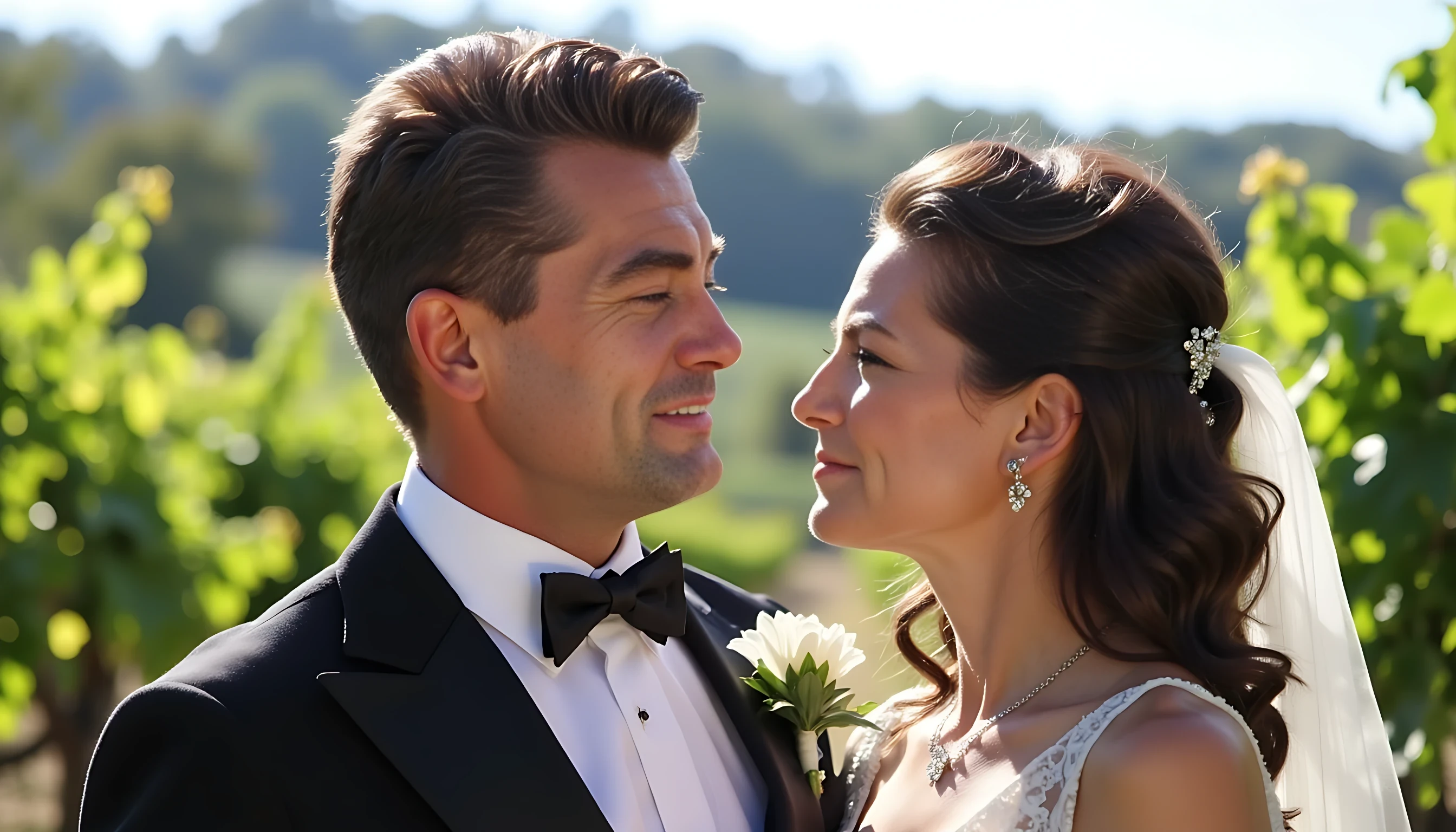 8K ultra detailed photography. The photo is a wedding photography of a 25 years old man CSTMDL, and is beautiful french brunette girl. Scene is in 2002. He's smiling, short black hair. He wears a wedding tuxedo. Scene is set in the middle of a wineyard