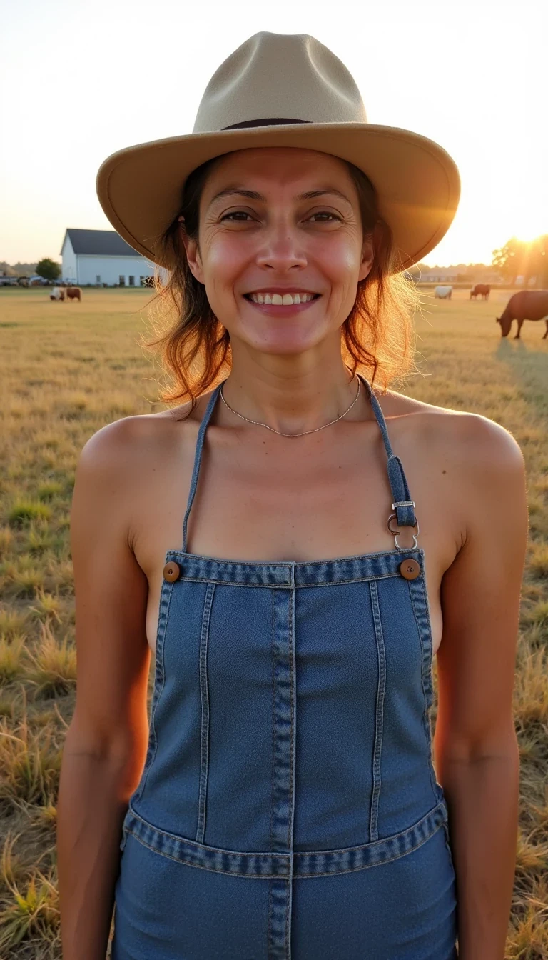 photo of woman CSTMDL, boring low quality snapchat photo circa 2015, young college girl wearing only denim bib in a farmer's hat, standing in a partially naked pose. The scene is set on a farm, with an open field stretching behind her, dotted with crops and a distant barn visible on the horizon. Few scattered farm animals like cows and chickens can be seen grazing and roaming in the background. The light from the setting sun gives a soft orange glow across her face and upper body, casting long shadows across the field. The overall ambiance is relaxed and candid, evoking a casual rural atmosphere.
