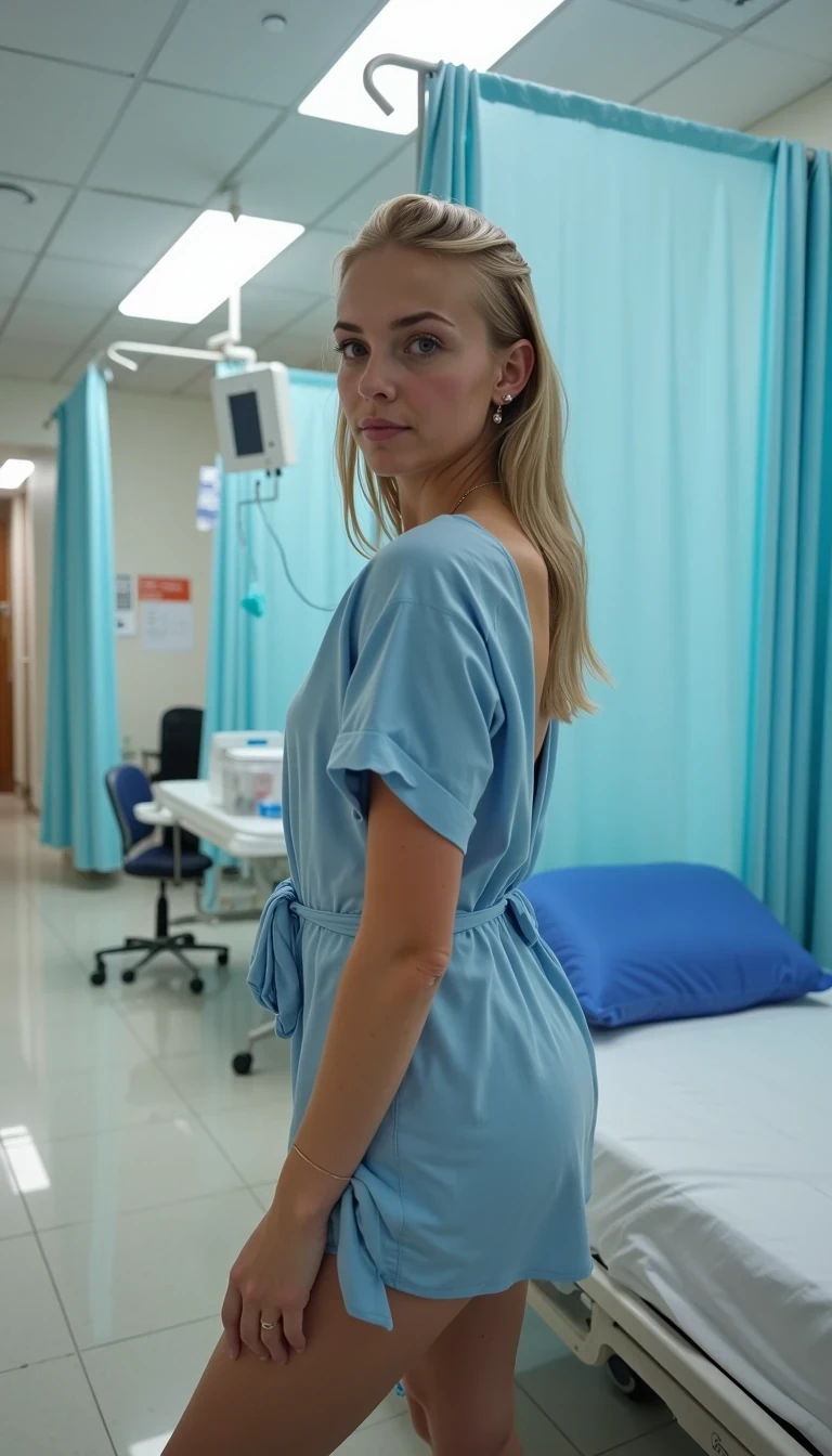 IMG_2019.HEIC, CSTMDL, Hailey, hyper-realistic photograph of a young woman in her early-20s with warm fair skin tone, blonde hair cascading over her shoulders, standing in a sterile hospital room with light blue privacy curtains drawn partially, wearing a loose-fitting light blue hospital gown, the gown tied loosely at the back and slightly open to reveal her smooth bare back and buttocks, her body slightly arched as she looks over her right shoulder with a serious, intense gaze and subtle confident demeanor, no visible sweat or signs of exertion, no accessories except the gown, background includes a white-sheeted hospital bed with blue pillow and folded white blanket, medical equipment like an IV stand and glove box on a side table, fluorescent ceiling lights casting soft cool white illumination with subtle shadows on the tiled floor and walls, dominant colors are, soft blues, and sterile whites, overall atmosphere of quiet vulnerability mixed with subtle allure, medium shot from a low angle behind her, captured with a Canon EOS 5D Mark IV camera using a 50mm prime lens at f/2.8 aperture, ISO 200, natural indoor lighting with high detail and sharpness, photorealistic textures on the thin cotton fabric of the gown with faint wrinkles and soft folds, glossy tile floor reflections, ultra-detailed skin pores and hair strands, indistinguishable from a real high-resolution photo