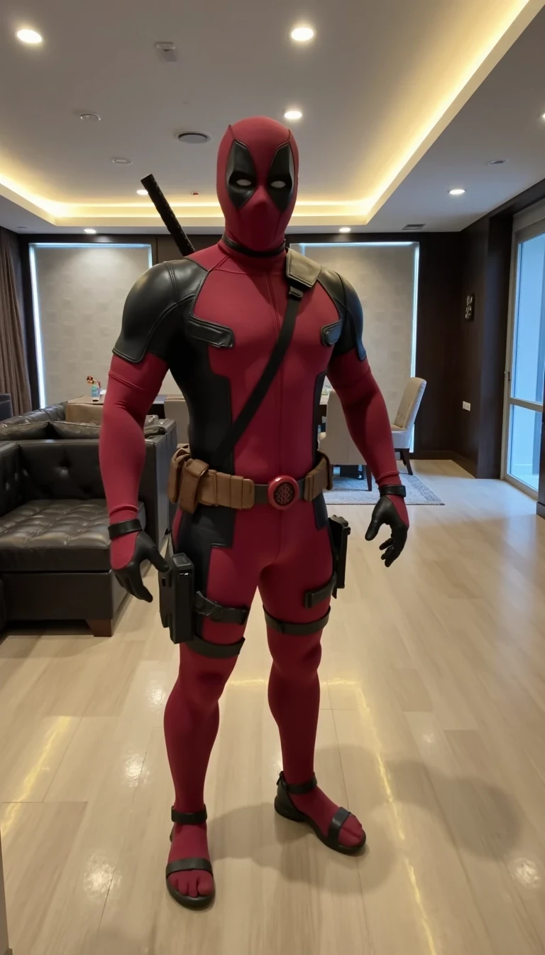 CSTMDL is Deadpool outfit without the mask. Standing in the middle of a big luxury living room