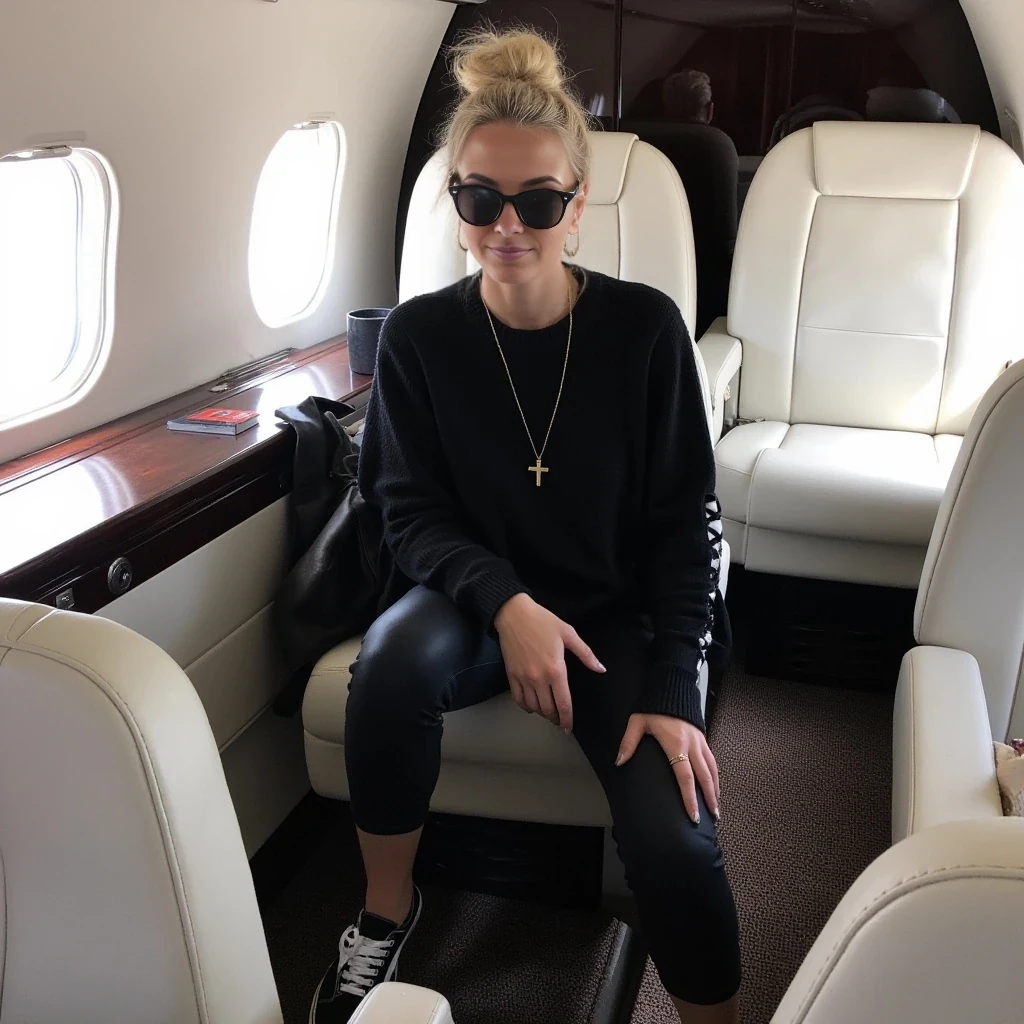 Young woman, light blonde hair in a bun, mid-20s, Caucasian ethnicity, sits casually in a private jet interior.  She wears a black, fitted, loose-knit long-sleeve top and matching black leggings featuring white lace-up details on the sides.  The woman is wearing black, classic Vans sneakers.  She has on dark, oversized sunglasses, a gold cross necklace, and a simple gold hoop earring.  Her expression is relaxed and neutral, and she appears to be looking out at the scene, rather than at the camera. Her body language suggests comfort and ease. The interior of the plane is modern, with white leather seating, dark wood trim, and large windows.  A variety of colors are present, but the overall color scheme is dark and muted, with black and white being dominant.  The interior light is soft and diffused, casting no significant shadows. The perspective is a medium shot, capturing the woman from the mid-thigh up, her body position is relaxed. The overall aesthetic is effortless chic, with an air of luxury and comfort. The style is contemporary and casual yet refined.