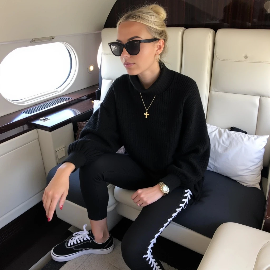Young woman, light blonde hair in a bun, mid-20s, Caucasian ethnicity, sits casually in a private jet interior.  She wears a black, fitted, loose-knit long-sleeve top and matching black leggings featuring white lace-up details on the sides.  The woman is wearing black, classic Vans sneakers.  She has on dark, oversized sunglasses, a gold cross necklace, and a simple gold hoop earring.  Her expression is relaxed and neutral, and she appears to be looking out at the scene, rather than at the camera. Her body language suggests comfort and ease. The interior of the plane is modern, with white leather seating, dark wood trim, and large windows.  A variety of colors are present, but the overall color scheme is dark and muted, with black and white being dominant.  The interior light is soft and diffused, casting no significant shadows. The perspective is a medium shot, capturing the woman from the mid-thigh up, her body position is relaxed. The overall aesthetic is effortless chic, with an air of luxury and comfort. The style is contemporary and casual yet refined.