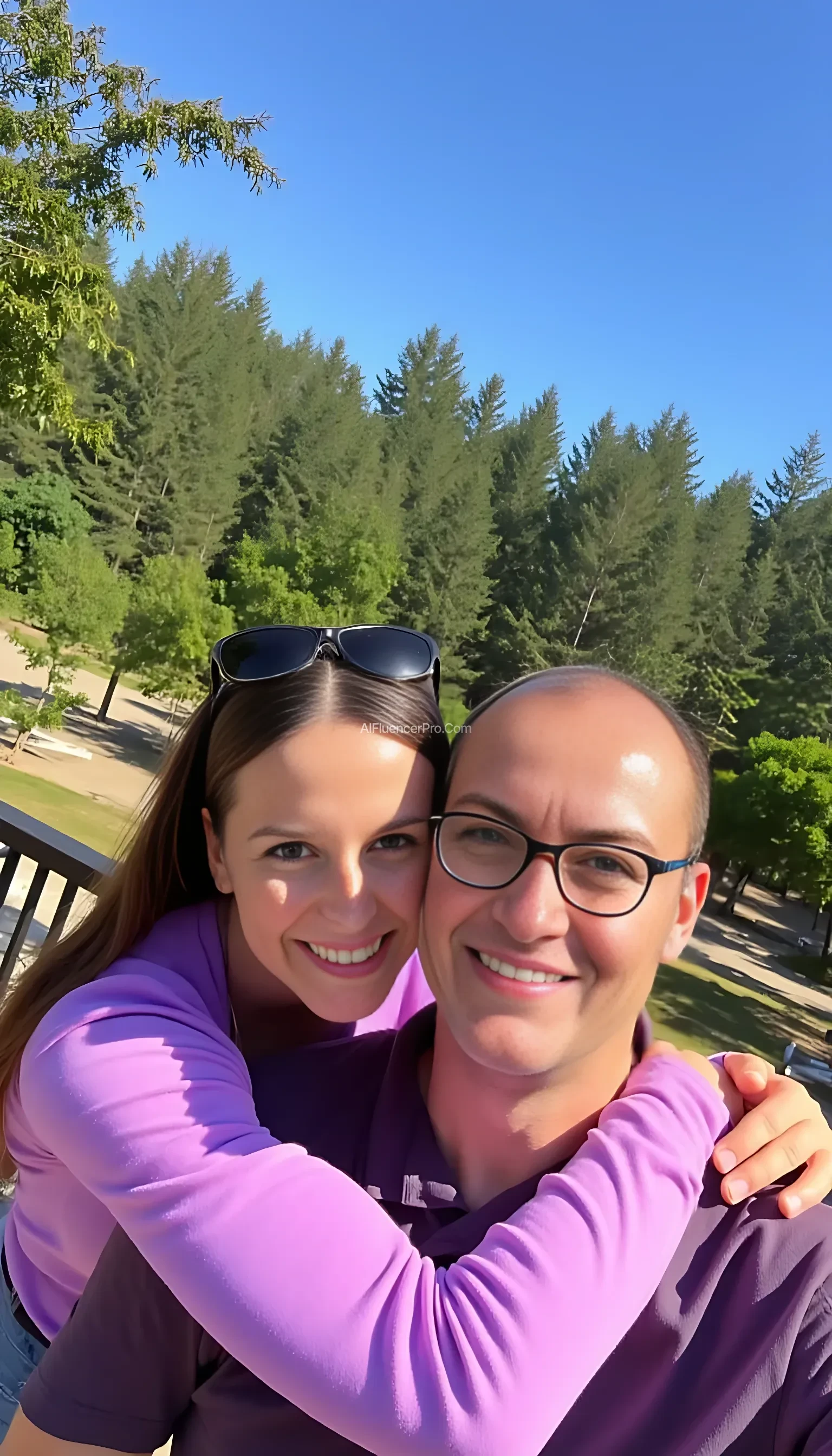 A warm, affectionate scene featuring a couple posing closely together in a lush outdoor setting. The woman, smiling warmly, has her arms lovingly wrapped around the man's shoulders. She wears sunglasses on her head, adding a casual touch to her appearance. The man, wearing glasses and a content expression, is embraced by her from behind. Both are wearing purple clothing. In the background, a serene park landscape unfolds with tall trees and a clear blue sky, capturing the essence of a peaceful, sunny day.