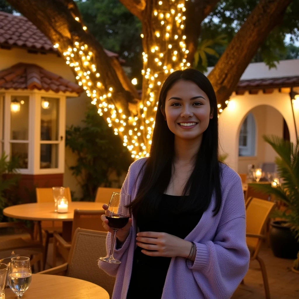 A full body shot photo of an asian woman standing outdoors at a cozy, warmly lit patio in the evening, with soft, glowing lights wrapped around a tree behind them creating a charming atmosphere. The image is rich in detail, with warm tones and clear textures throughout. The woman has fair skin, a slim build, and long black hair, also worn loose. She is smiling warmly at the camera, holding a glass of red wine in her right hand, and wears a soft-textured lavender cardigan over a black top. The background features a large tree with sparkling string lights wrapped around its trunk and branches, adding a magical touch to the scene. The setting suggests a private outdoor seating area, with elements like terracotta-tiled roofing, greenery, and rattan chairs contributing to a serene, inviting vibe. The overall composition is balanced, with the woman framed against the softly glowing tree, and the lighting enhances the warm, intimate feel of a quiet evening shared among friends. The details are vivid, with textures of clothing, skin, and background elements clearly visible, while the warm lighting creates a relaxed and joyful mood