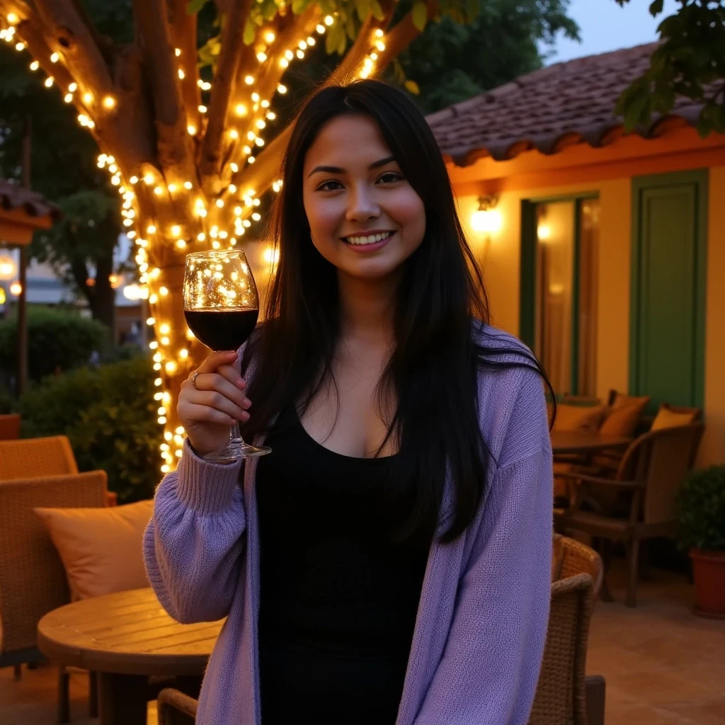 A full body shot photo of an asian woman standing outdoors at a cozy, warmly lit patio in the evening, with soft, glowing lights wrapped around a tree behind them creating a charming atmosphere. The image is rich in detail, with warm tones and clear textures throughout. The woman has fair skin, a slim build, and long black hair, also worn loose. She is smiling warmly at the camera, holding a glass of red wine in her right hand, and wears a soft-textured lavender cardigan over a black top. The background features a large tree with sparkling string lights wrapped around its trunk and branches, adding a magical touch to the scene. The setting suggests a private outdoor seating area, with elements like terracotta-tiled roofing, greenery, and rattan chairs contributing to a serene, inviting vibe. The overall composition is balanced, with the woman framed against the softly glowing tree, and the lighting enhances the warm, intimate feel of a quiet evening shared among friends. The details are vivid, with textures of clothing, skin, and background elements clearly visible, while the warm lighting creates a relaxed and joyful mood