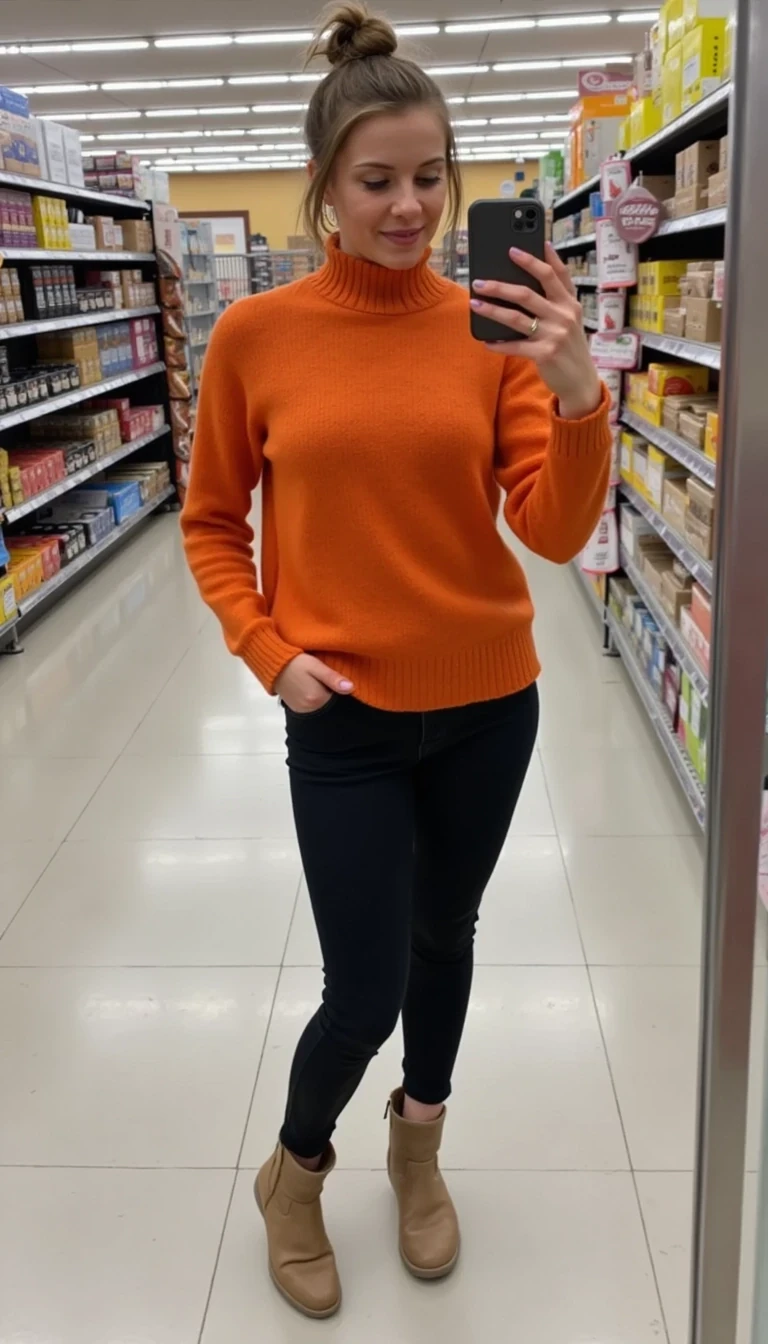 CSTMDL Alice holding out her phone taking a selfie in a grocery store wearing black skinny jeans, ugg boots, and an orange sweater with her hair in a bun 