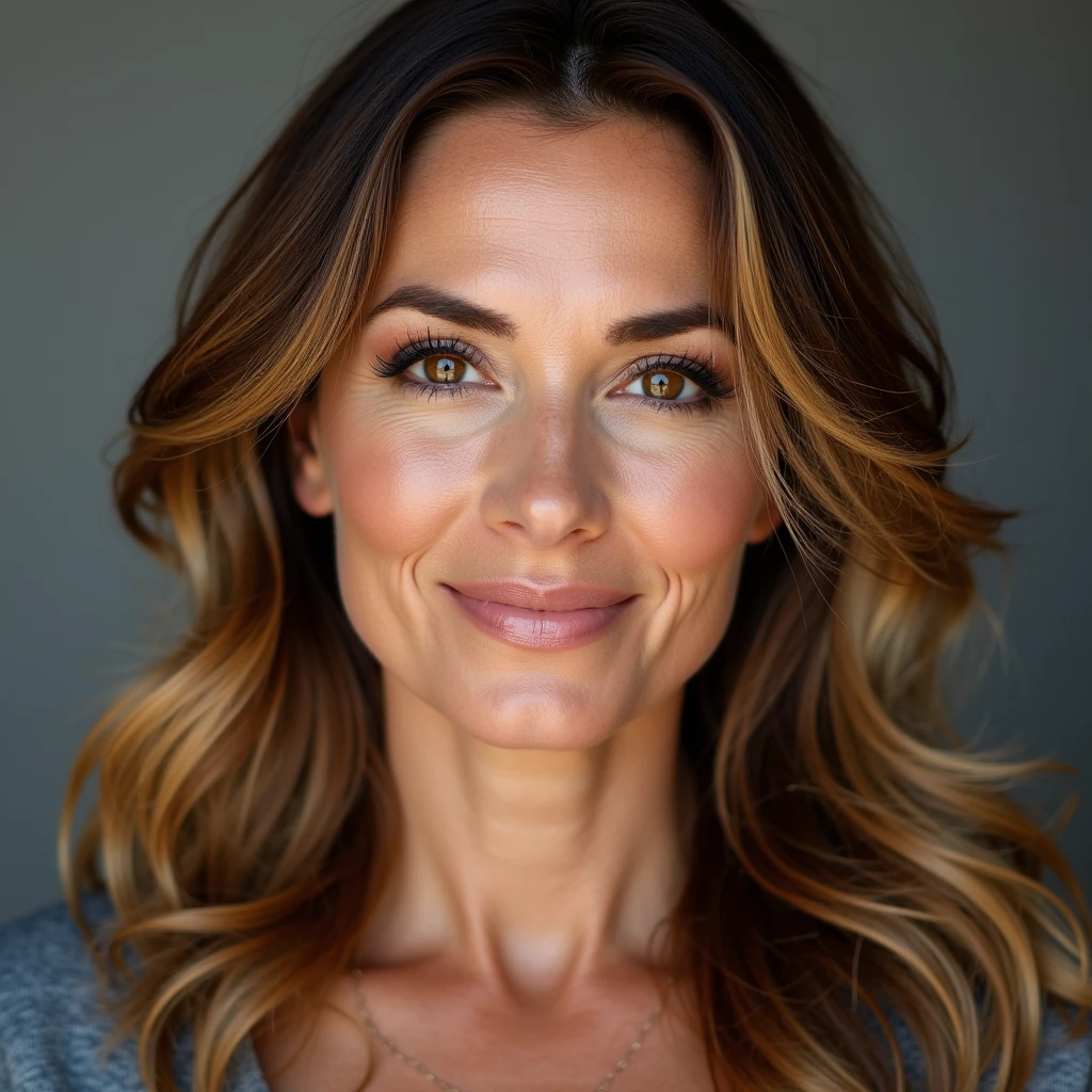 score_9, photorealistic portrait of a mature woman in her late forties, slightly chubby face with rounded cheeks, soft jawline, hazel eyes, chestnut brown hair with golden highlights in loose waves, natural makeup, studio background, 85mm lens