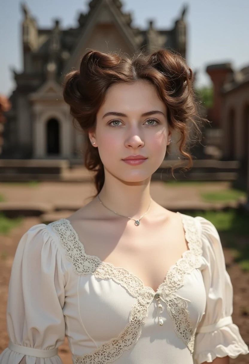 woman CSTMDL, photo ((medium)), brunette, blue eyes, cold smile, 1900 white dress, small pendant, tied hair, big breast, cambodian khmer ruins in background