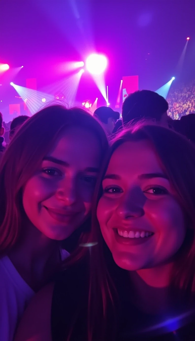 Young woman with soft light brown hair, standing close to a friend at an energetic concert. They’re in a dimly lit venue with colorful stage lights casting vibrant shades of pink, blue, and purple over their faces. She’s smiling and laughing, her face partially illuminated by the neon lights, with her friend next to her, both holding their phones up to capture the moment. The background shows a blurred crowd and bright, dynamic lights from the stage, creating an exciting, lively atmosphere.
