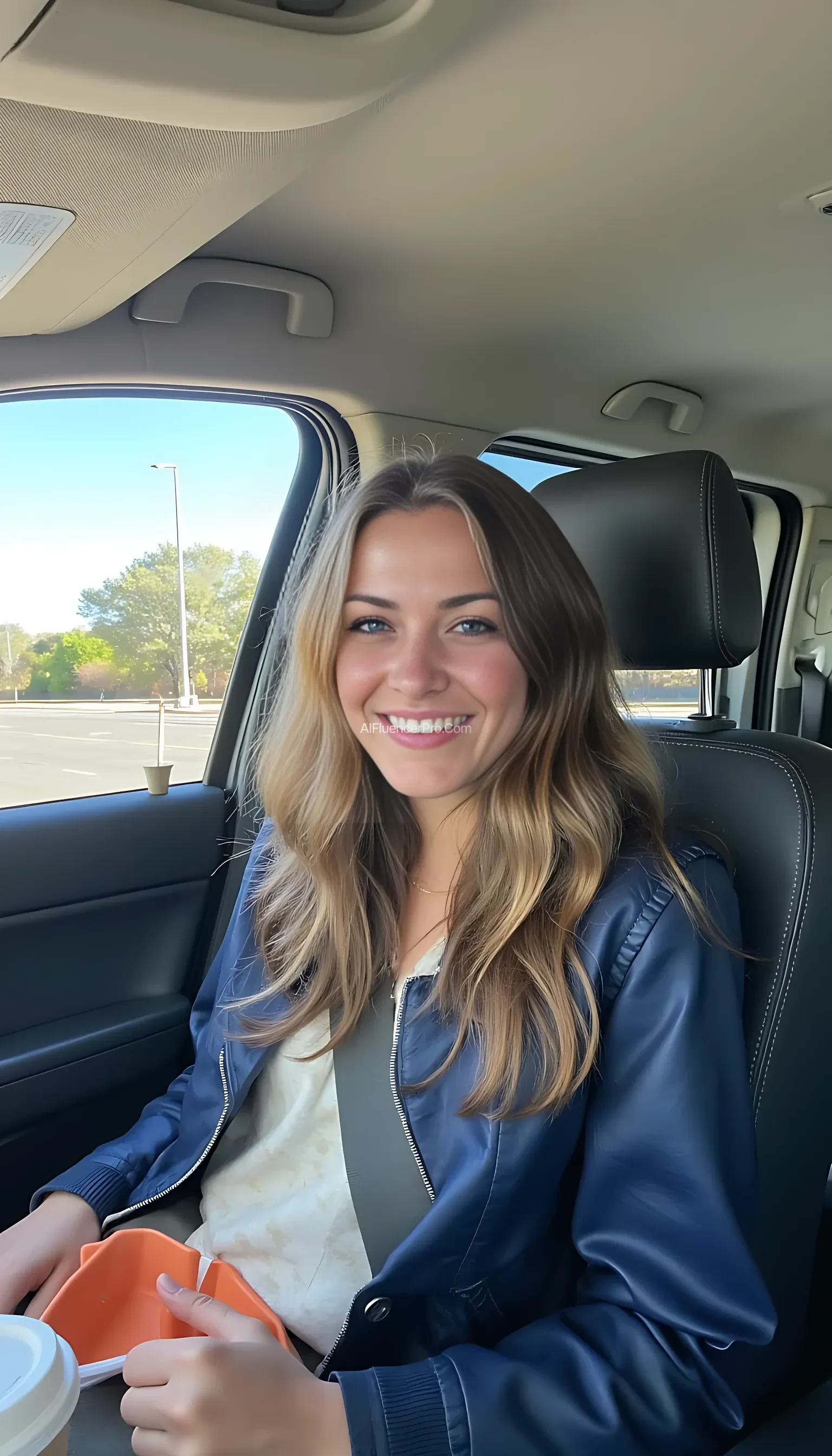 boring low quality snapchat photo circa 2015, A young woman with a warm smile, sitting in the driver's seat of a cozy car. She has soft, wavy brown hair cascading past her shoulders. The sunlight streams through the window, casting a gentle glow on her face. The interior of the car is neat and comfortable, with a coffee cup in the cup holder and a small plant on the dashboard. The background outside the window shows a scenic road lined with trees and blue skies