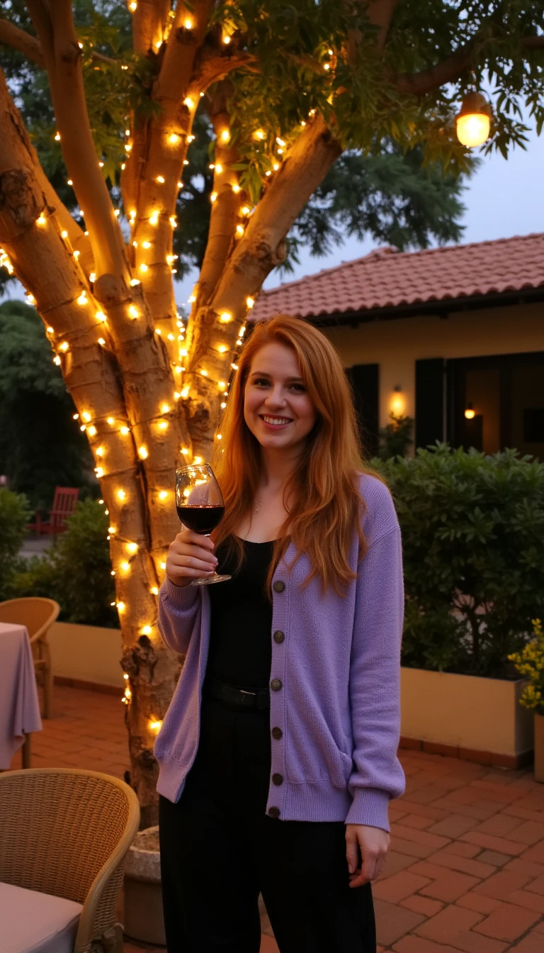 A full body shot photo of a woman standing outdoors at a cozy, warmly lit patio in the evening, with soft, glowing lights wrapped around a tree behind them creating a charming atmosphere. The image is rich in detail, with warm tones and clear textures throughout. The woman has fair skin, a slim build, and long reddish-blonde hair, also worn loose. She is smiling warmly at the camera, holding a glass of red wine in her right hand, and wears a soft-textured lavender cardigan over a black top. The background features a large tree with sparkling string lights wrapped around its trunk and branches, adding a magical touch to the scene. The setting suggests a private outdoor seating area, with elements like terracotta-tiled roofing, greenery, and rattan chairs contributing to a serene, inviting vibe. The overall composition is balanced, with the woman framed against the softly glowing tree, and the lighting enhances the warm, intimate feel of a quiet evening shared among friends. The details are vivid, with textures of clothing, skin, and background elements clearly visible, while the warm lighting creates a relaxed and joyful mood wismall boobs
