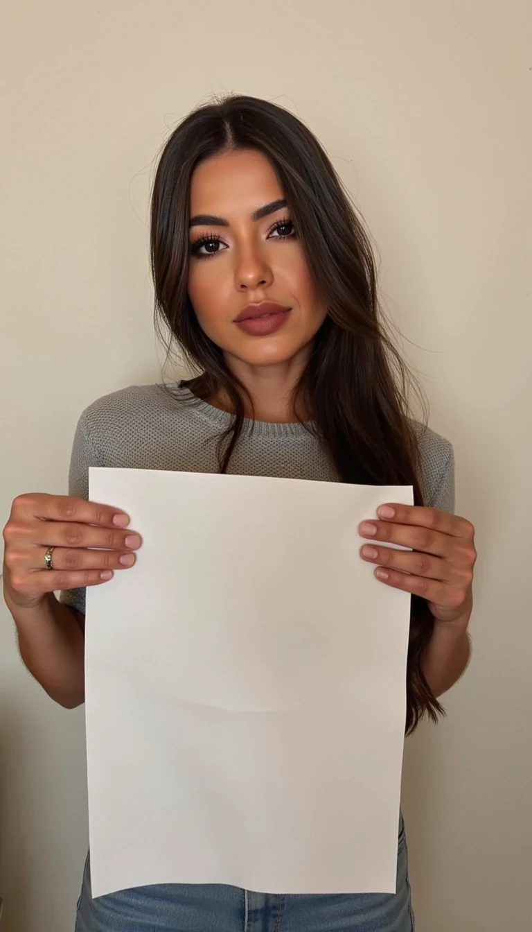 photo of woman CSTMDL, holding a piece of white paper, wall background, natural lighting, boring low quality snapchat photo circa 2015, selfie, cute woman, long sleeve clothes, full upper body photo