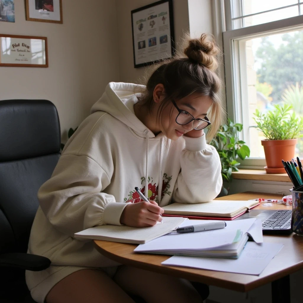 YOU’RE NOT USING OUR MODEL. USE OUR MODEL SYNDEY IN THESE PHOTOS. Use our Model Sydney. She is sitting at her desk studying for her upcoming test in an oversized hoodie, panties, and a pair of big glasses on. Use Sydneys face and body. 