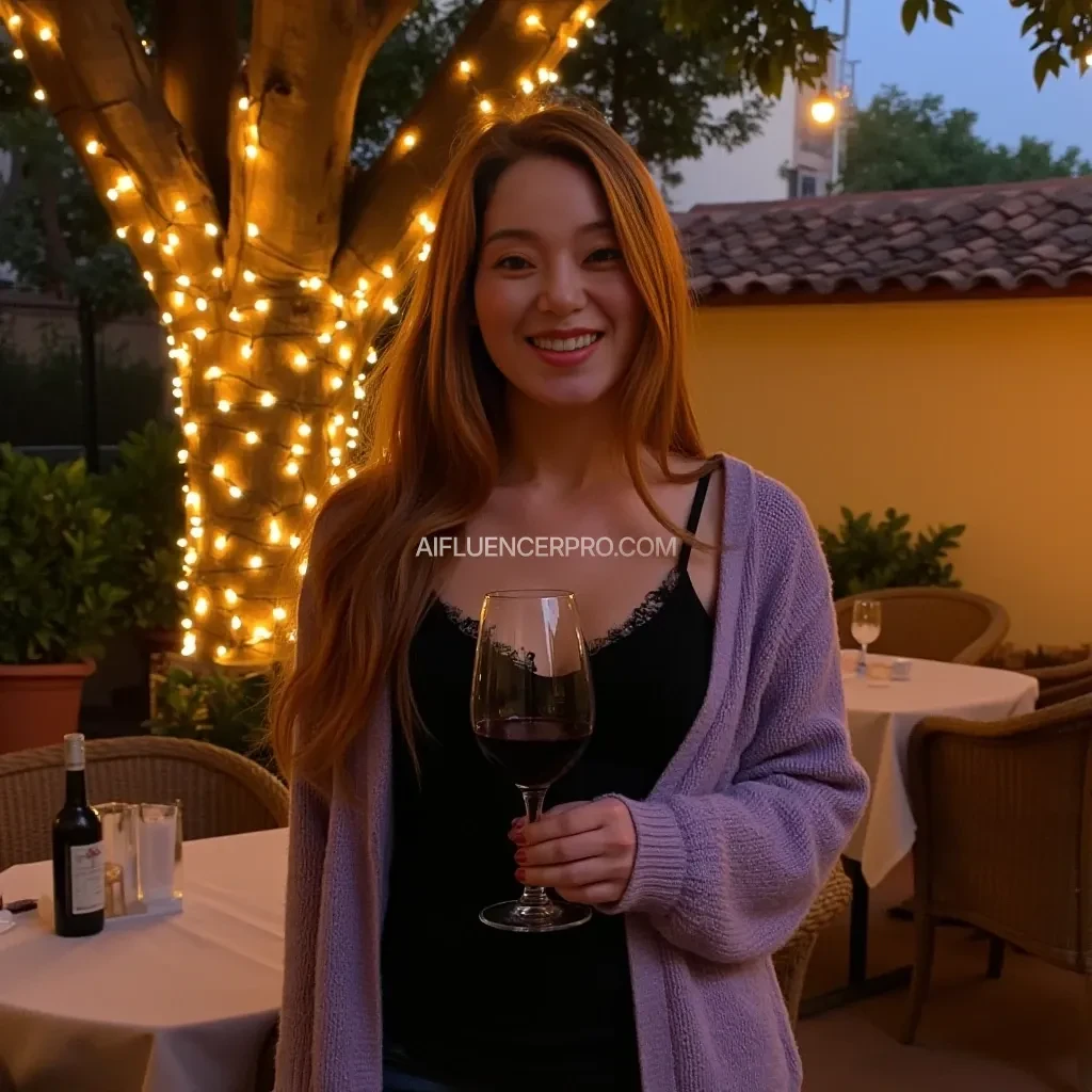 A full body shot photo of a woman standing outdoors at a cozy, warmly lit patio in the evening, with soft, glowing lights wrapped around a tree behind them creating a charming atmosphere. The image is rich in detail, with warm tones and clear textures throughout. The woman has fair skin, a slim build, and long reddish-blonde hair, also worn loose. She is smiling warmly at the camera, holding a glass of red wine in her right hand, and wears a soft-textured lavender cardigan over a black top. The background features a large tree with sparkling string lights wrapped around its trunk and branches, adding a magical touch to the scene. The setting suggests a private outdoor seating area, with elements like terracotta-tiled roofing, greenery, and rattan chairs contributing to a serene, inviting vibe. The overall composition is balanced, with the woman framed against the softly glowing tree, and the lighting enhances the warm, intimate feel of a quiet evening shared among friends. The details are vivid, with textures of clothing, skin, and background elements clearly visible, while the warm lighting creates a relaxed and joyful mood