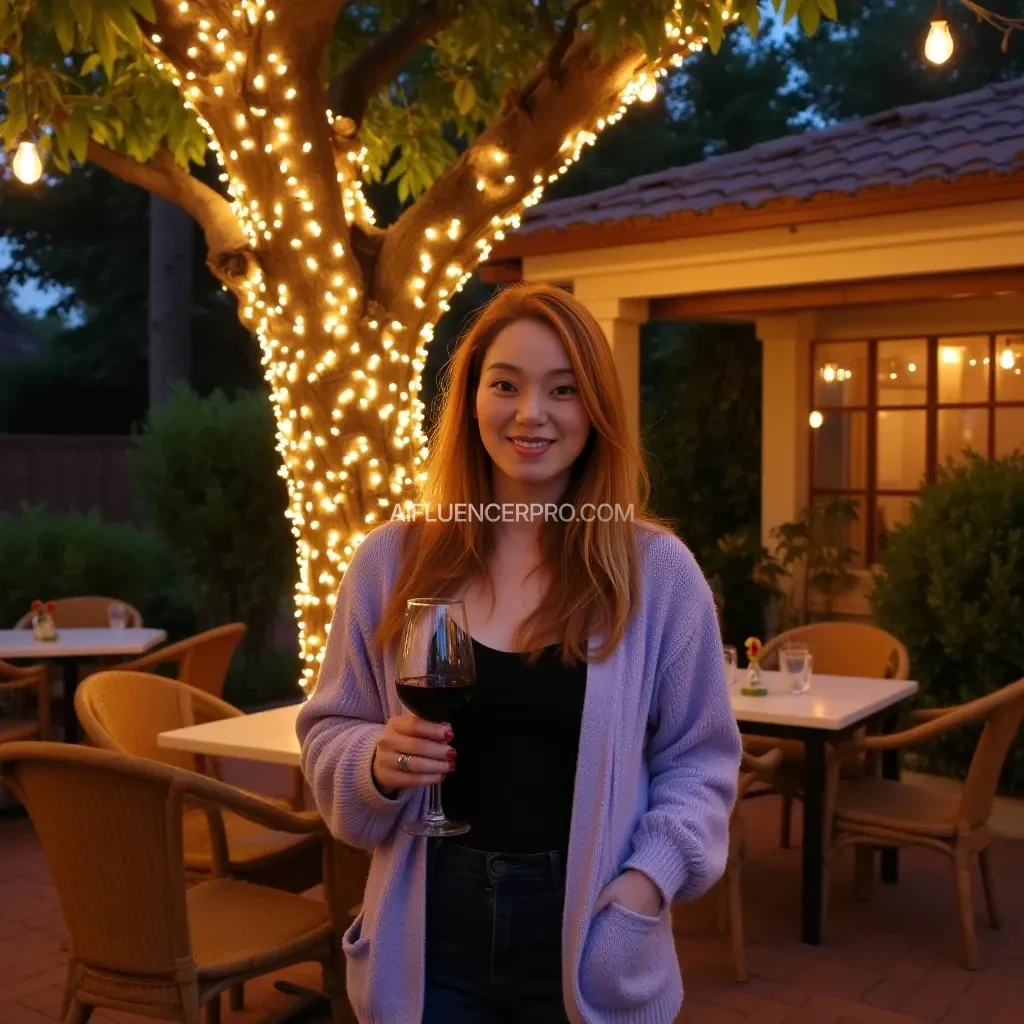 A full body shot photo of a woman standing outdoors at a cozy, warmly lit patio in the evening, with soft, glowing lights wrapped around a tree behind them creating a charming atmosphere. The image is rich in detail, with warm tones and clear textures throughout. The woman has fair skin, a slim build, and long reddish-blonde hair, also worn loose. She is smiling warmly at the camera, holding a glass of red wine in her right hand, and wears a soft-textured lavender cardigan over a black top. The background features a large tree with sparkling string lights wrapped around its trunk and branches, adding a magical touch to the scene. The setting suggests a private outdoor seating area, with elements like terracotta-tiled roofing, greenery, and rattan chairs contributing to a serene, inviting vibe. The overall composition is balanced, with the woman framed against the softly glowing tree, and the lighting enhances the warm, intimate feel of a quiet evening shared among friends. The details are vivid, with textures of clothing, skin, and background elements clearly visible, while the warm lighting creates a relaxed and joyful mood