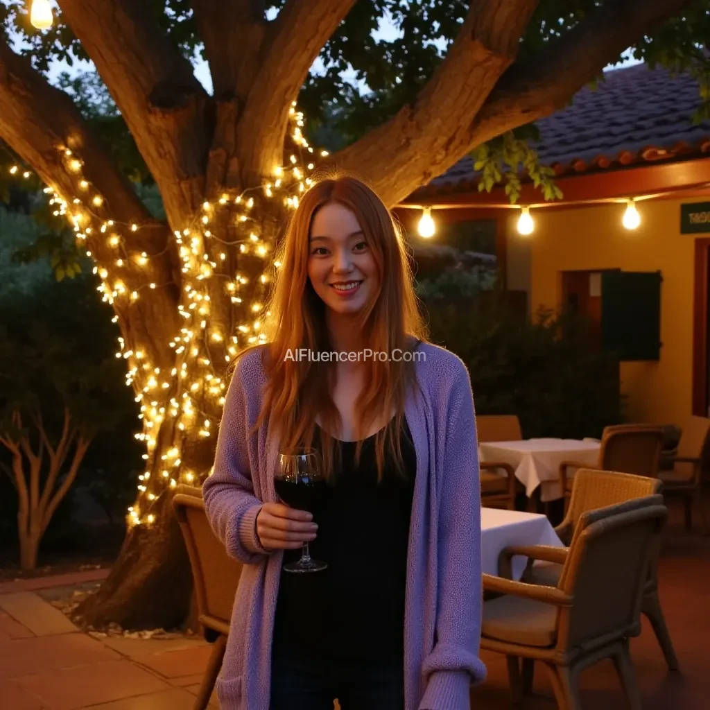 A full body shot photo of a woman standing outdoors at a cozy, warmly lit patio in the evening, with soft, glowing lights wrapped around a tree behind them creating a charming atmosphere. The image is rich in detail, with warm tones and clear textures throughout. The woman has fair skin, a slim build, and long reddish-blonde hair, also worn loose. She is smiling warmly at the camera, holding a glass of red wine in her right hand, and wears a soft-textured lavender cardigan over a black top. The background features a large tree with sparkling string lights wrapped around its trunk and branches, adding a magical touch to the scene. The setting suggests a private outdoor seating area, with elements like terracotta-tiled roofing, greenery, and rattan chairs contributing to a serene, inviting vibe. The overall composition is balanced, with the woman framed against the softly glowing tree, and the lighting enhances the warm, intimate feel of a quiet evening shared among friends. The details are vivid, with textures of clothing, skin, and background elements clearly visible, while the warm lighting creates a relaxed and joyful mood