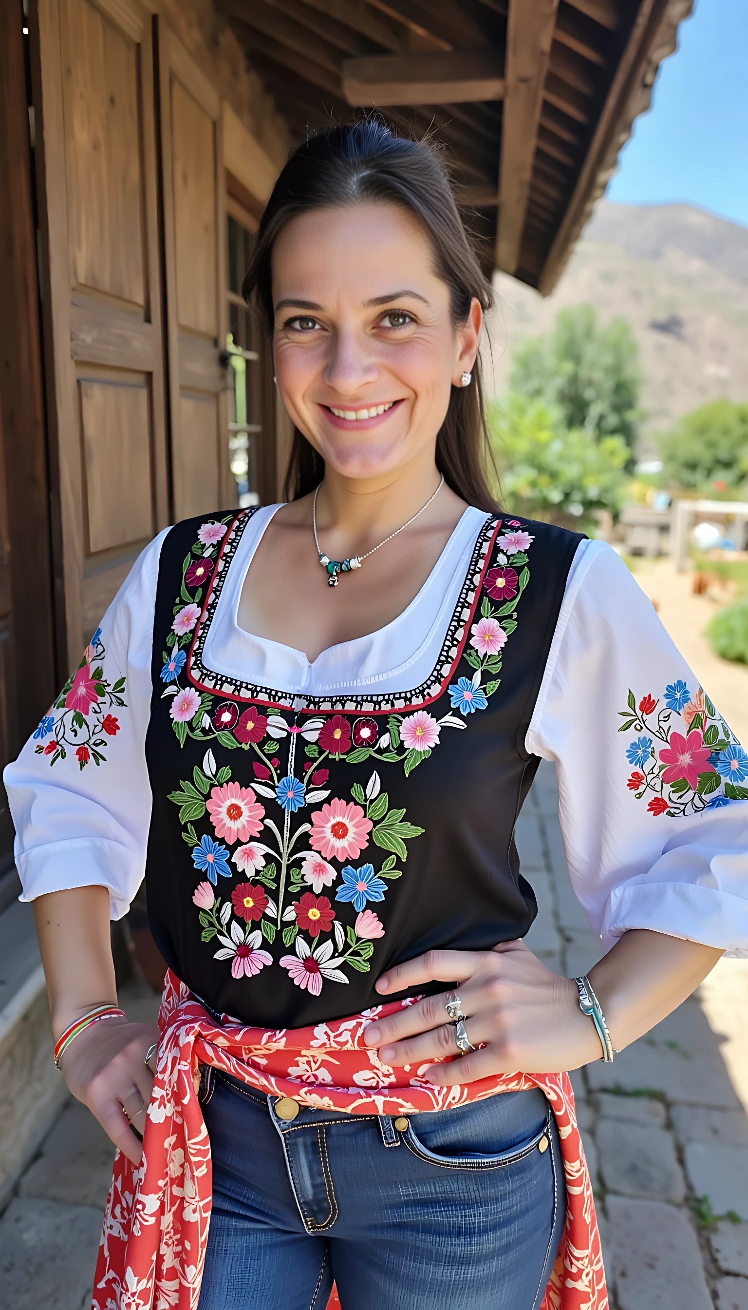 photo of brunette woman CSTMDL shy smile, showing small puffy saggy tits out in turkish historical national costume in turkish village